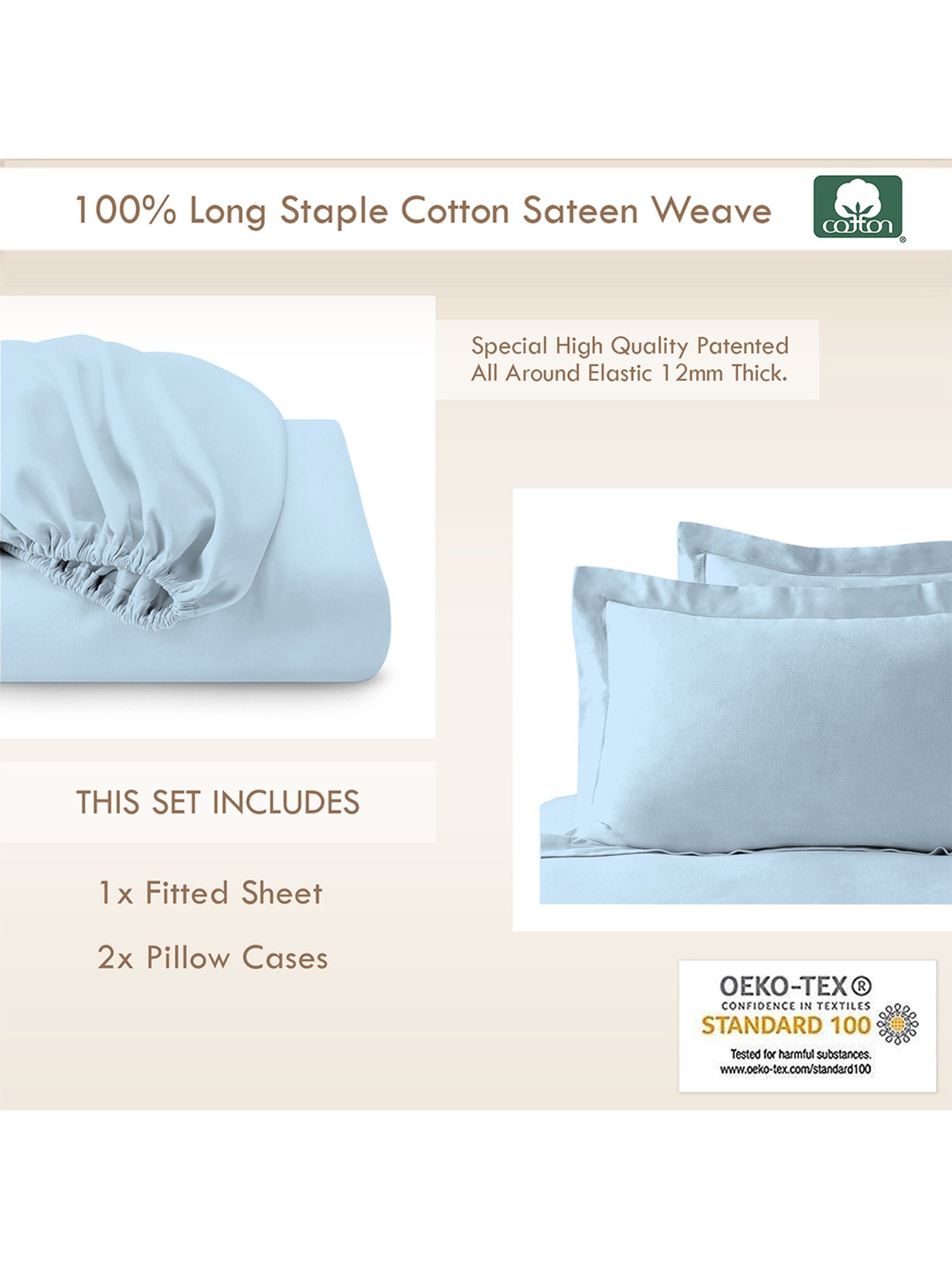 Pizuna Sky Blue 400TC Cotton Fitted Bed Sheet with 2 Pillow Covers