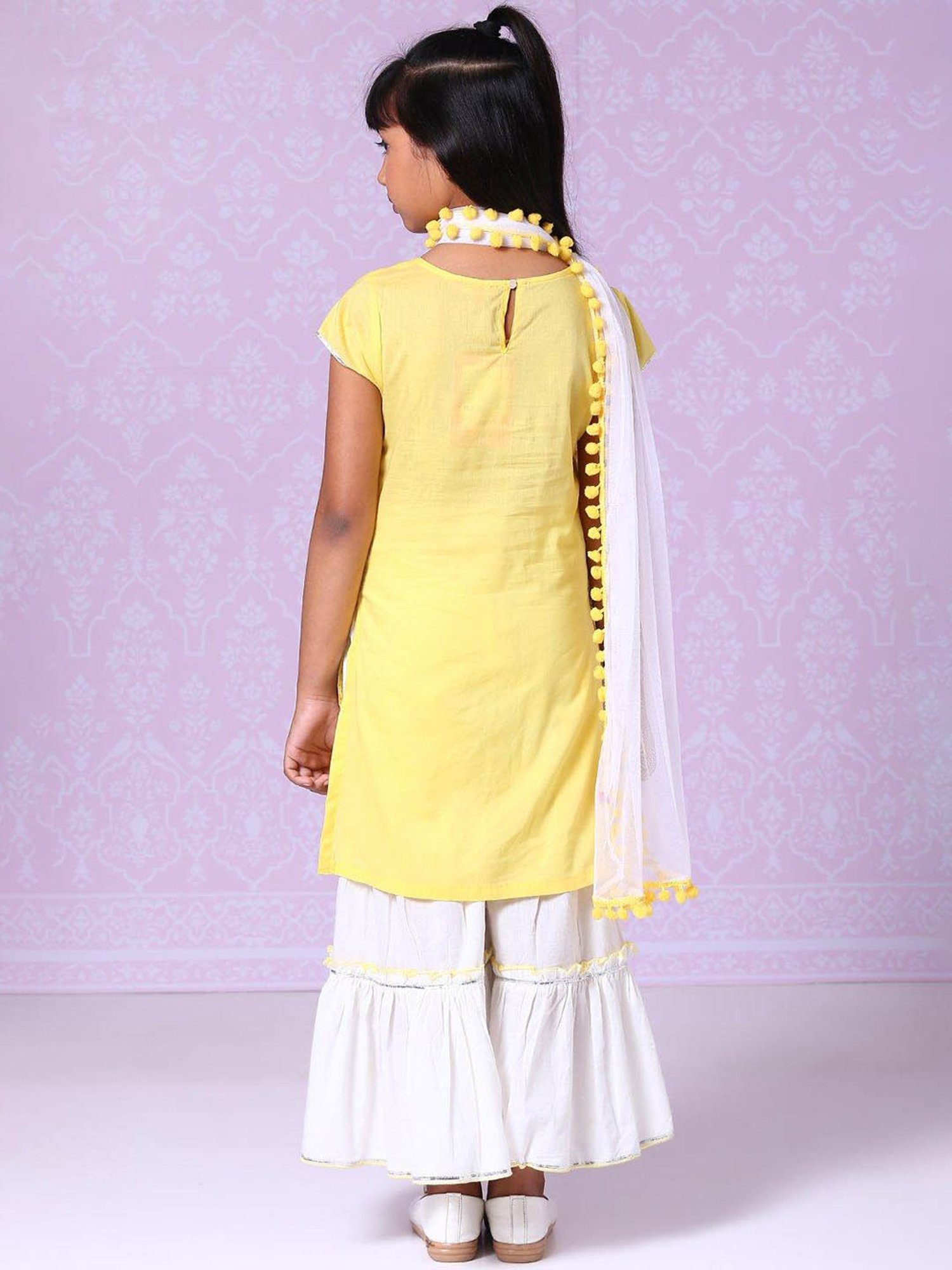 BIBA Girls White & Yellow Embroidered Kurta, Palazzos with Dupatta