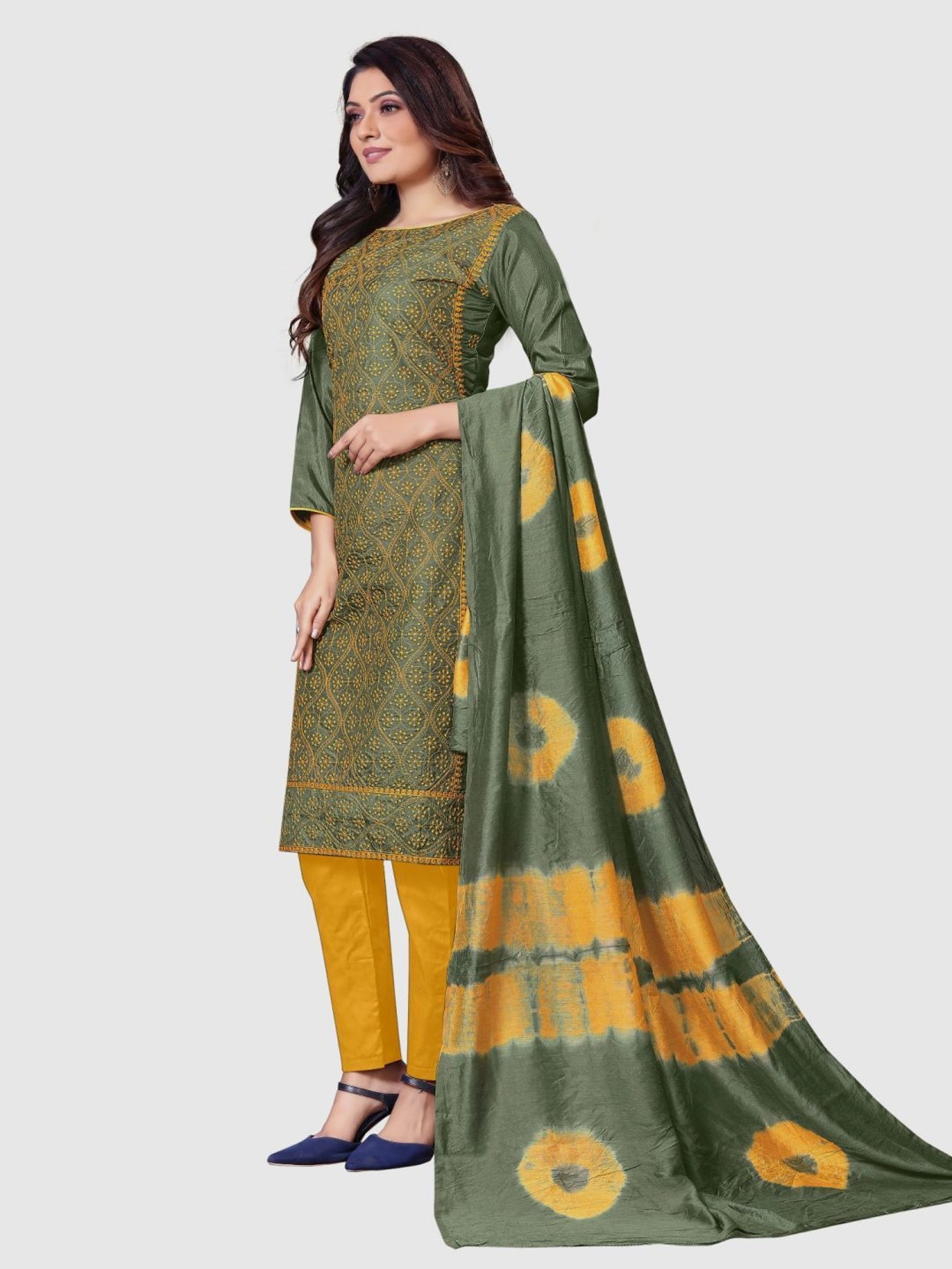 APNISHA Green & Yellow Embroidered Unstitched Dress Material