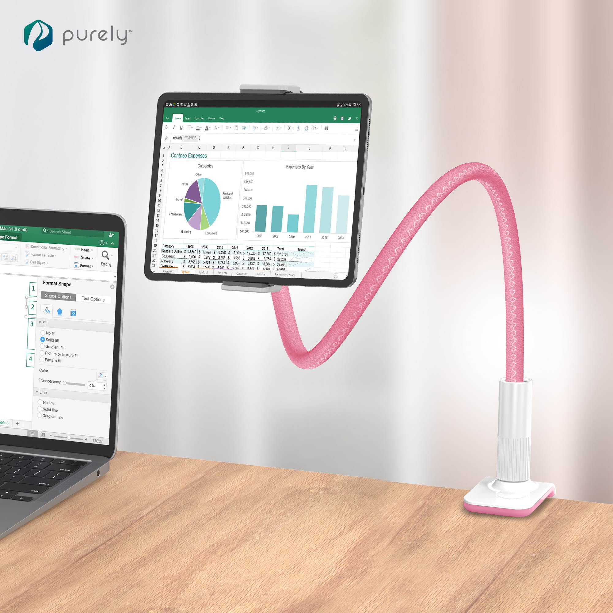 Purely Gooseneck Phone and Tablet Holder Deluxe | 39&rdquo; Flexible Arm with Clip Mount 4" to 12.9" Devices - Compatible with iPad Pro, Mini & Samsung Galaxy Tab - Desk, Bedside, Headboard Stand