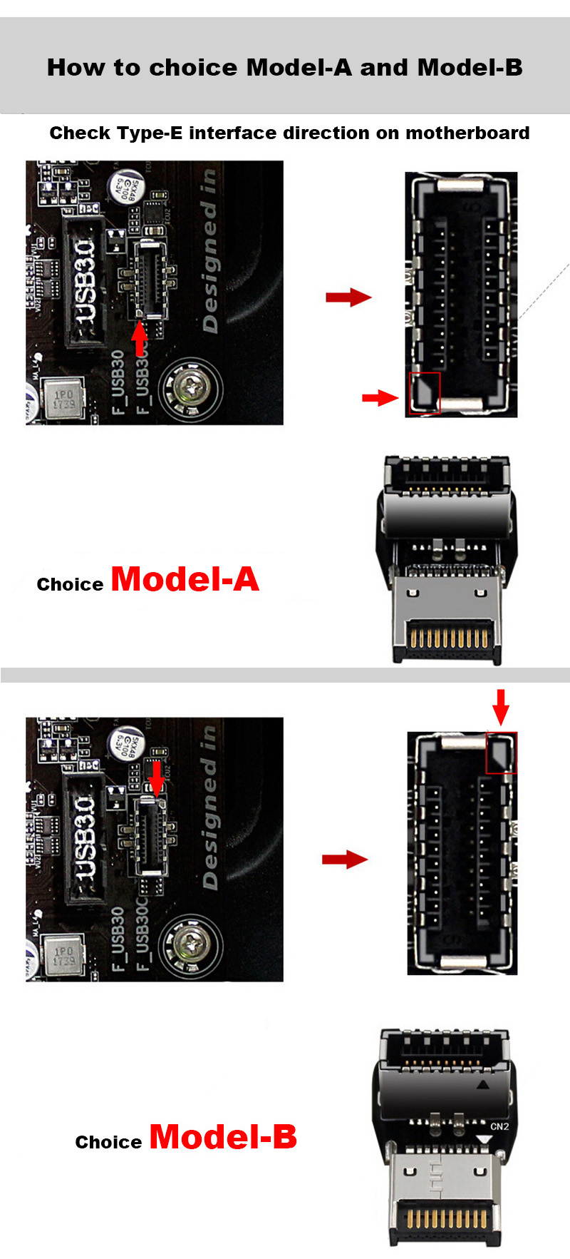 Motherboard USB 3.1 Type-E 20Pin Header 90 Degree Angled Elbow Adapter for USB-C 10G 20G Port Front Panel Rear Bracket Cable-Model-A