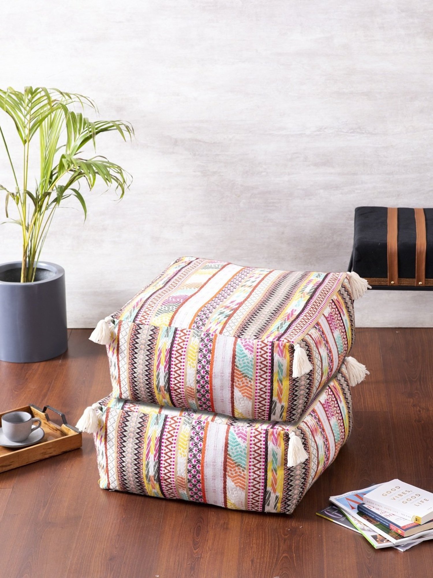 Nestroots Printed Multicolor Cotton Foot Stool Floor Cushions with Filler - Set of 2