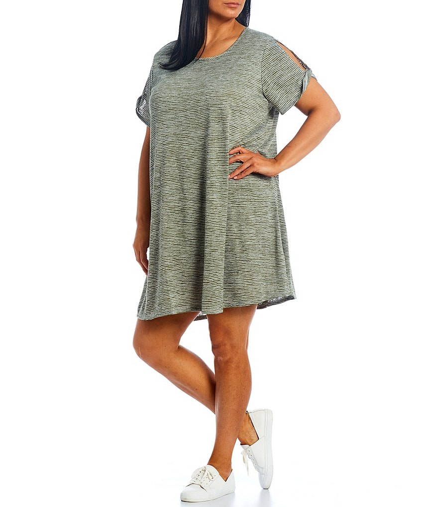 Ruby Rd. Plus Size Silky Knit Terry Space Dyed Stripe Scoop Neck Cold Shoulder Short Sleeve Dress