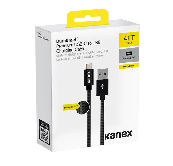 Kanex DuraBraid USB Type-C to USB-A 2.0 Male Charger Cable, 4 Feet (1 Meters), Black