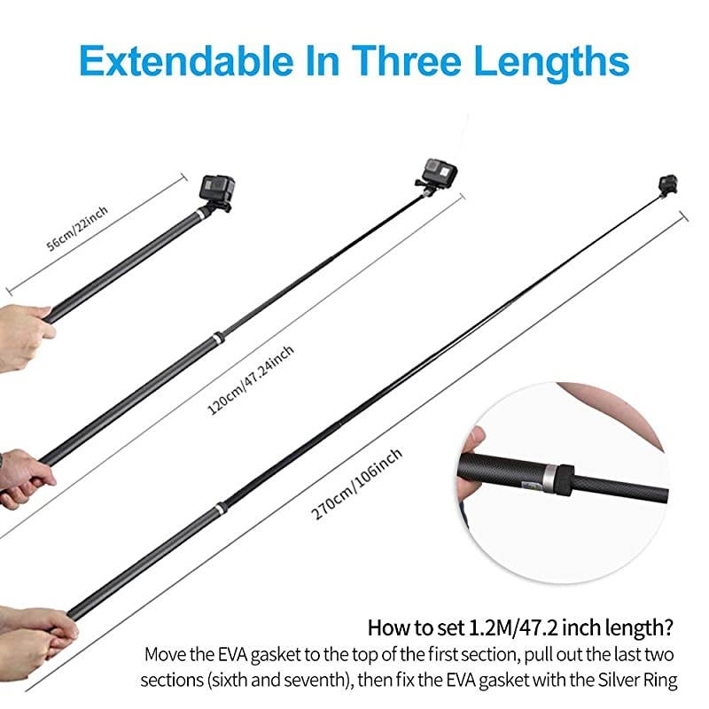 Ultra Long Selfie Stick for GoPro Hero 7 Hero 6 Hero 5 Black 2018 Hero 4 3+ Session DJI OSMO ACTION Camera Extendable at 3 Lengths 22quot 472quot 106quot Carbon Fiber Lightweight Pole Monopod