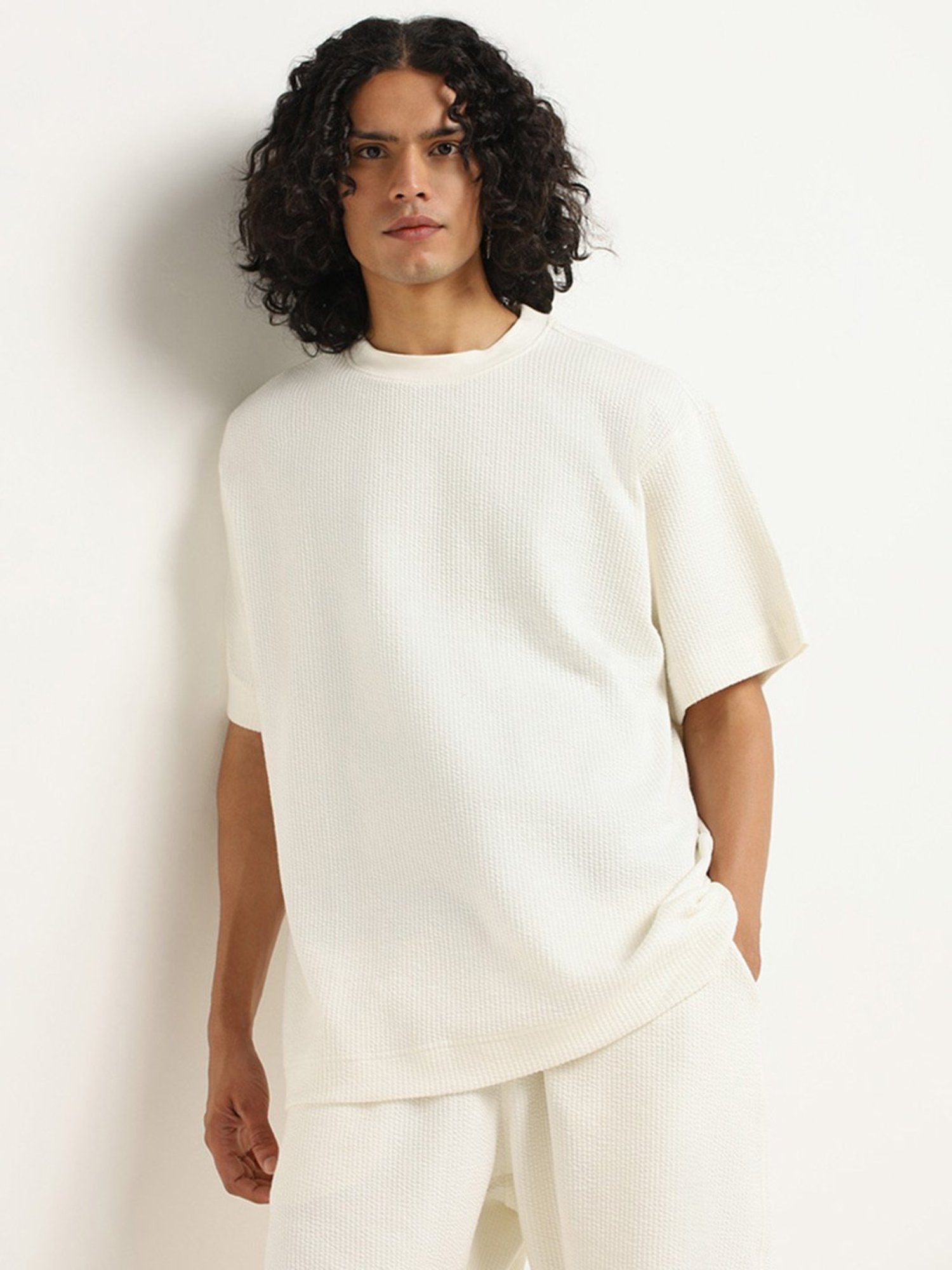 Studiofit by Westside Off-White Textured Relaxed Fit T-Shirt