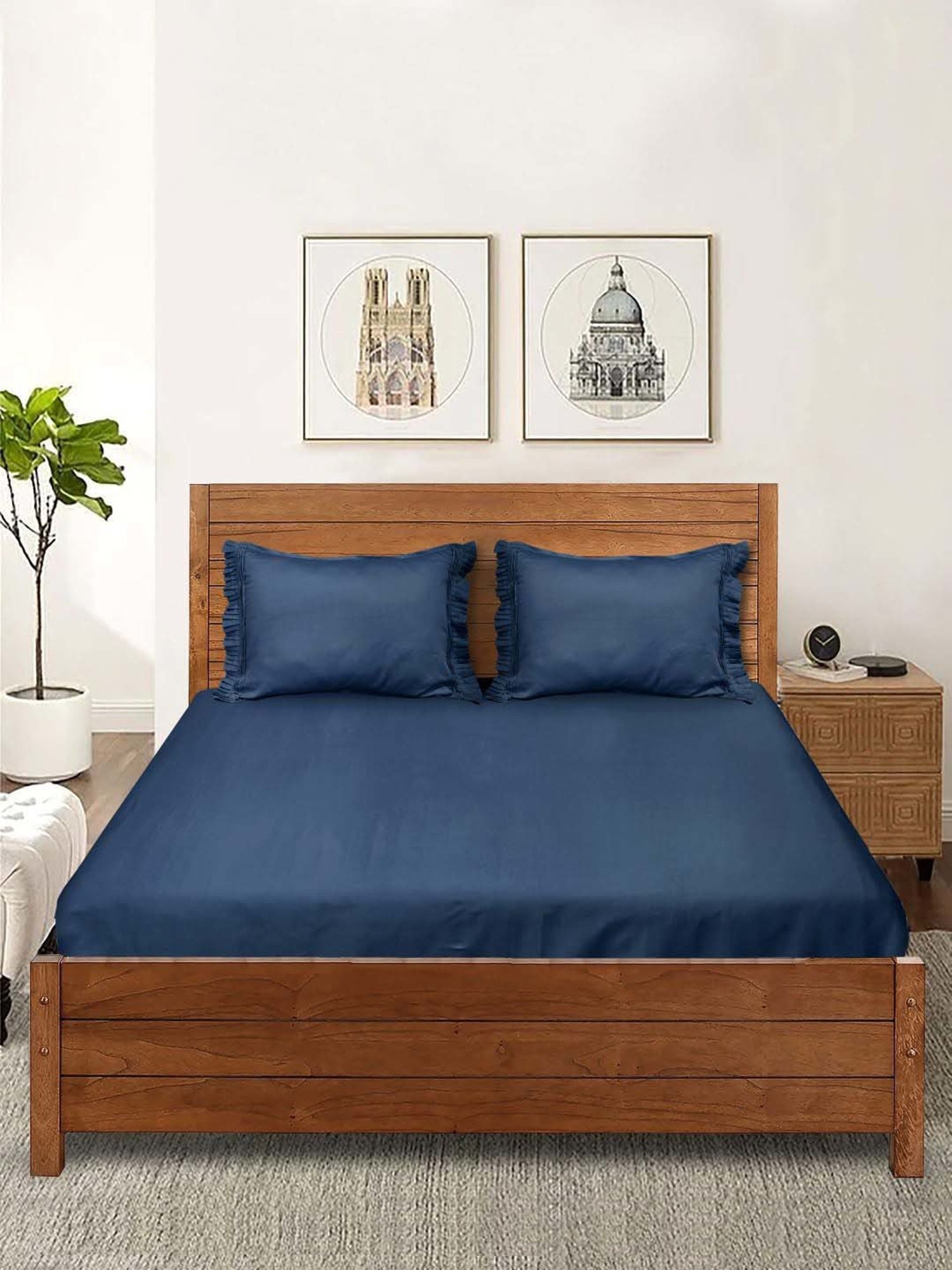 Saral Home Easy Living Blue Cotton Queen Bed Sheet With Pillow Covers