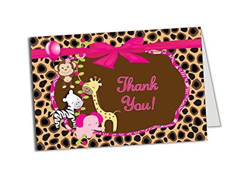 50 (Thick Card Stock) Girl Jungle Foldover Thank You Cards - Baby Shower - Birthday Party - Any Occasion - A6 Size