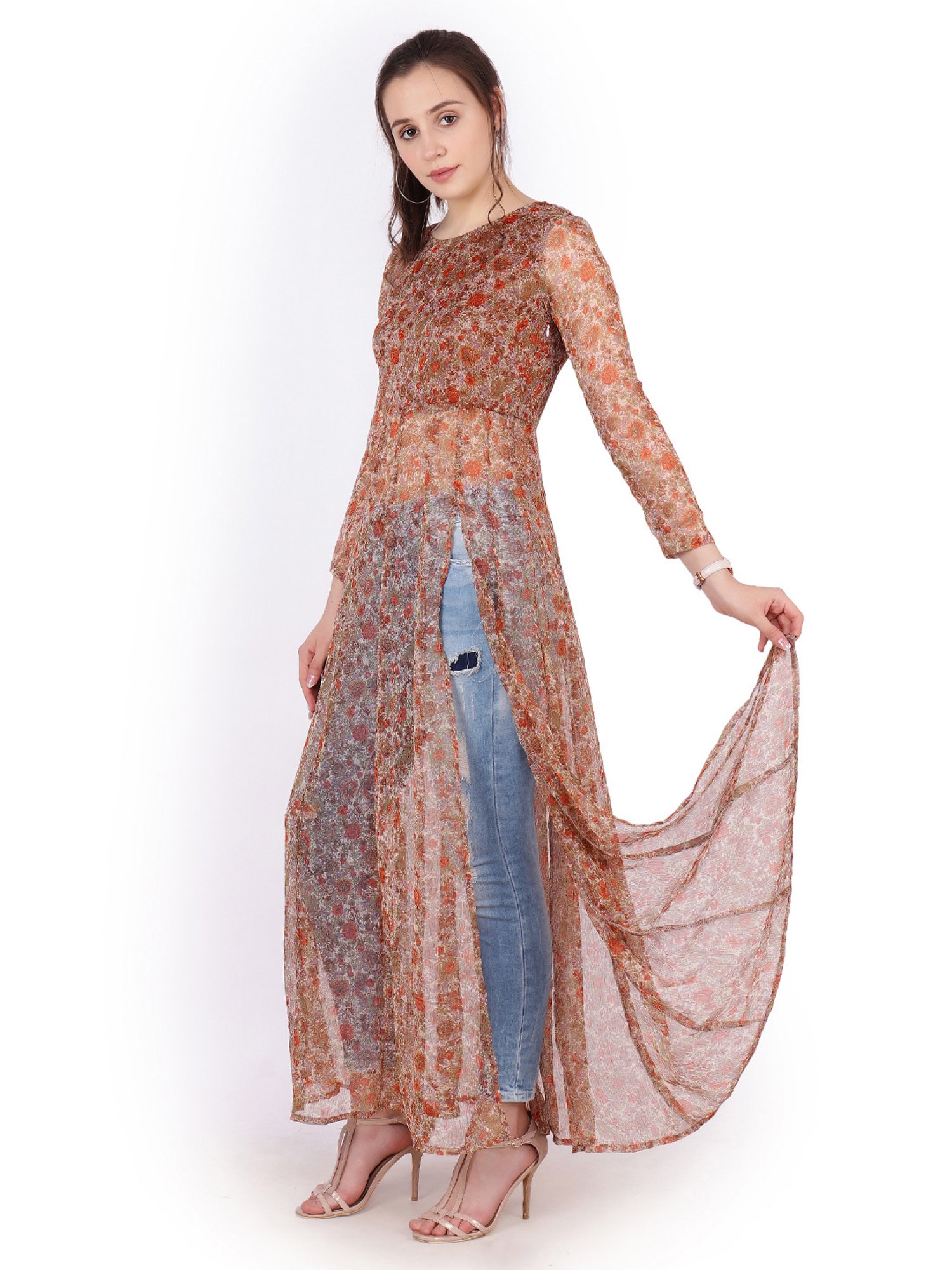 Scorpius Brown Floral Print Long Top