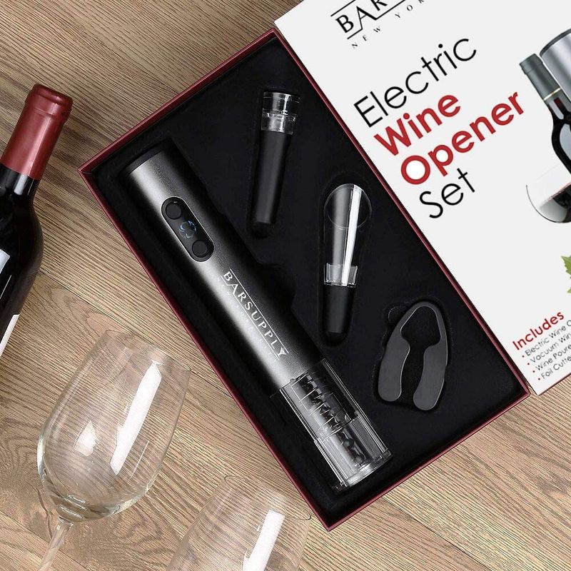 Electric Wine Bottle Opener 4 Piece Set Automatic Corkscrew Wine Opener, Includes Foil Cutter, Wine Pourer, Vacuum Pump Stopper, Battery Operated, Stainless Steel, Gift Box Set