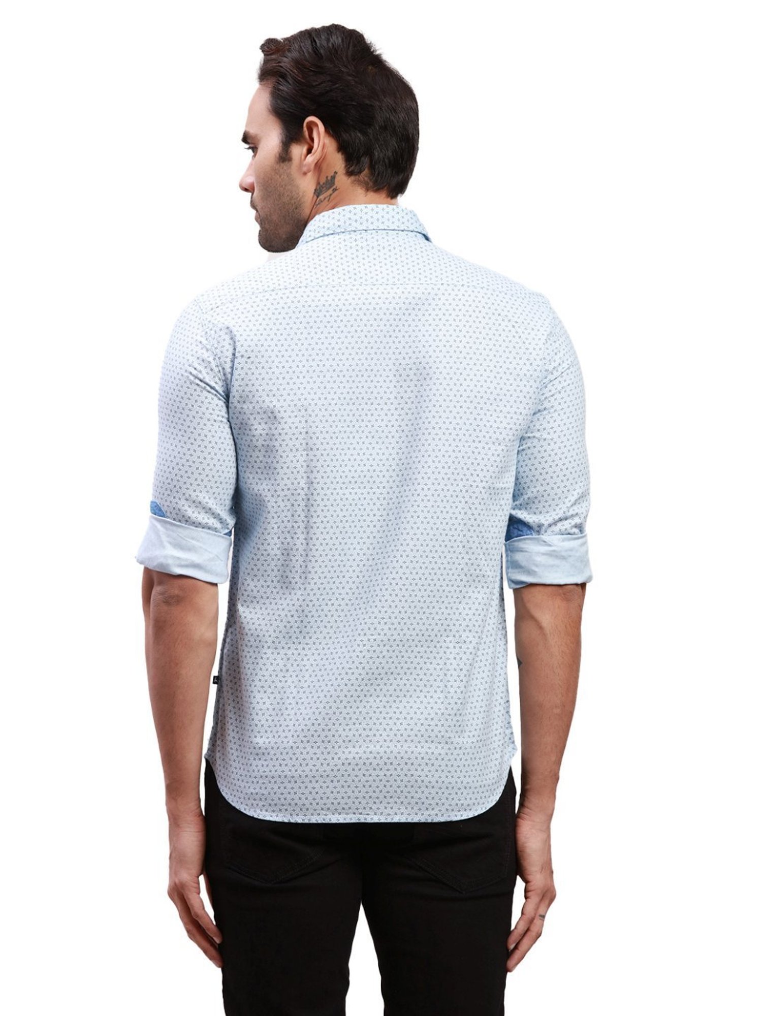 Parx Blue Cotton Slim Fit Printed Shirt