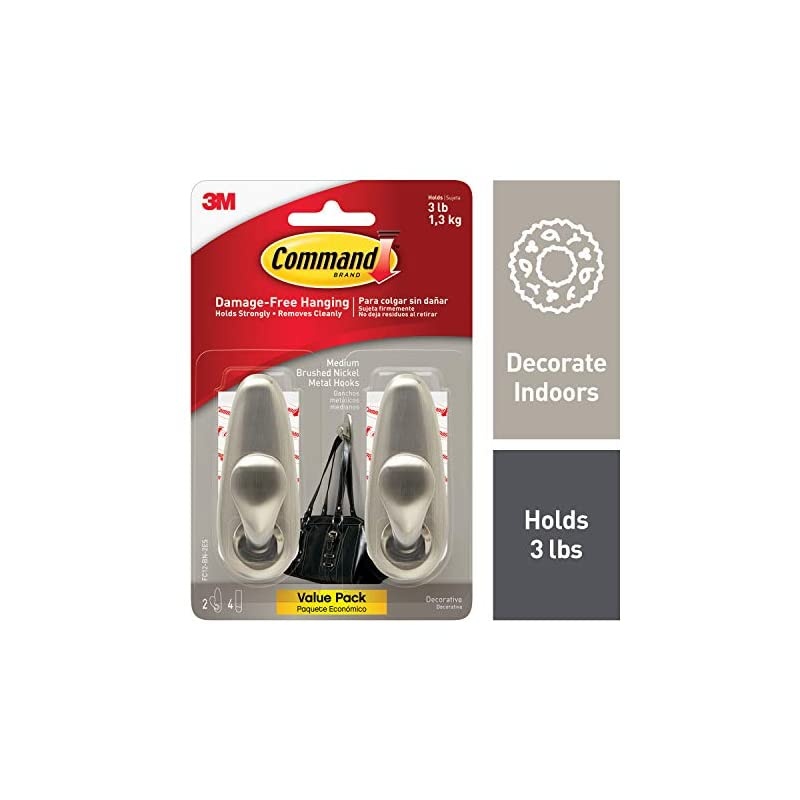 Medium Forever Classic Metal Hook, Medium, Brushed Nickel, 2-Hooks, Decorate Damage-Free