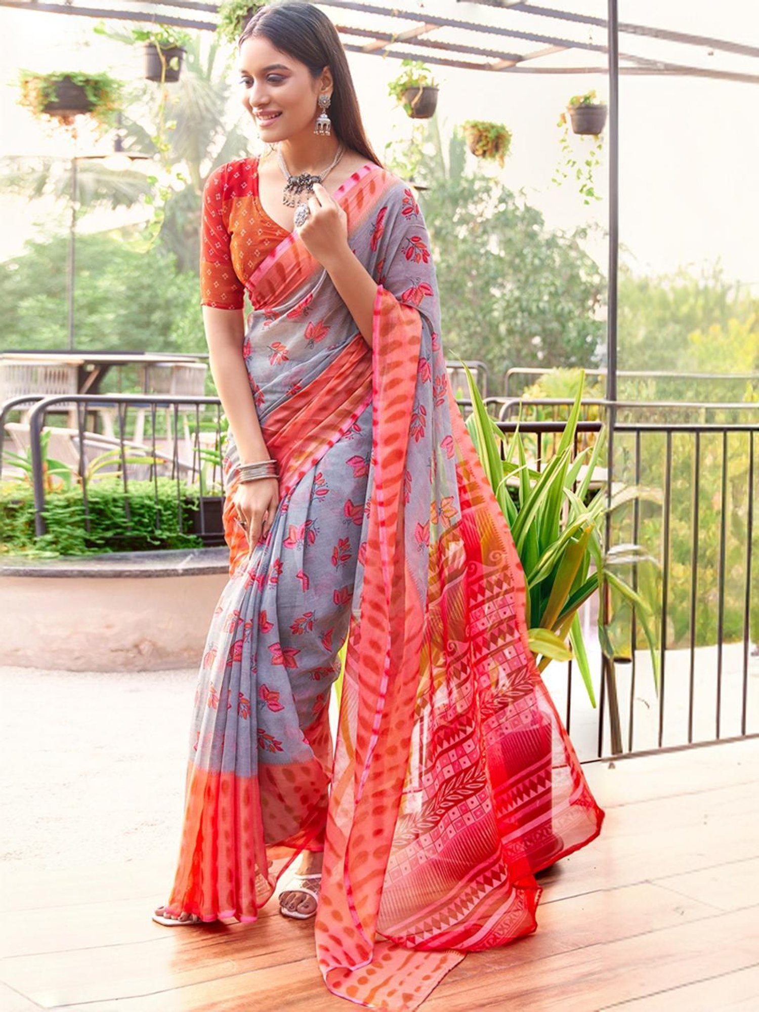 Satrani Grey & Orange Floral Print Saree With Unstitched Blouse