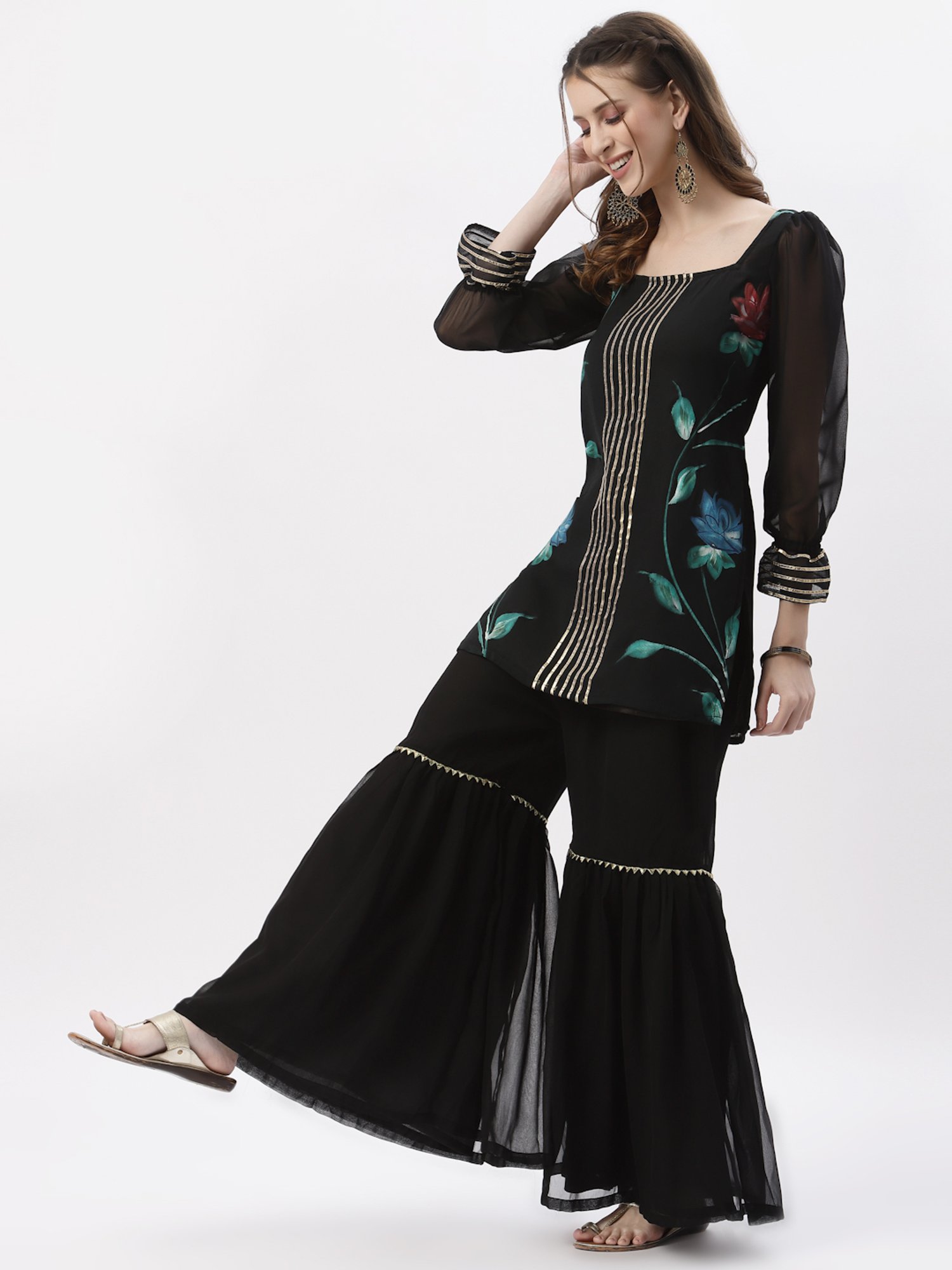 studiorasa Black Printed Kurti Sharara Set