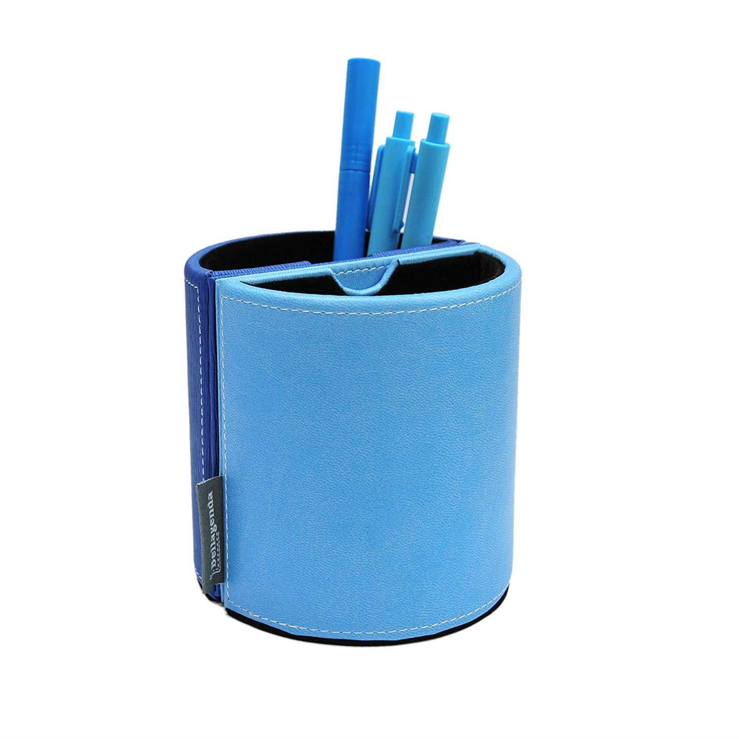 Pen Pencil Holder with Photo Frames | Desk Organizer | Desk Decoration | Multi Function Desk Stationery | Space Saver | 2 Picture Frames | Handicraft | PU Leather & Suede (Sky Blue)