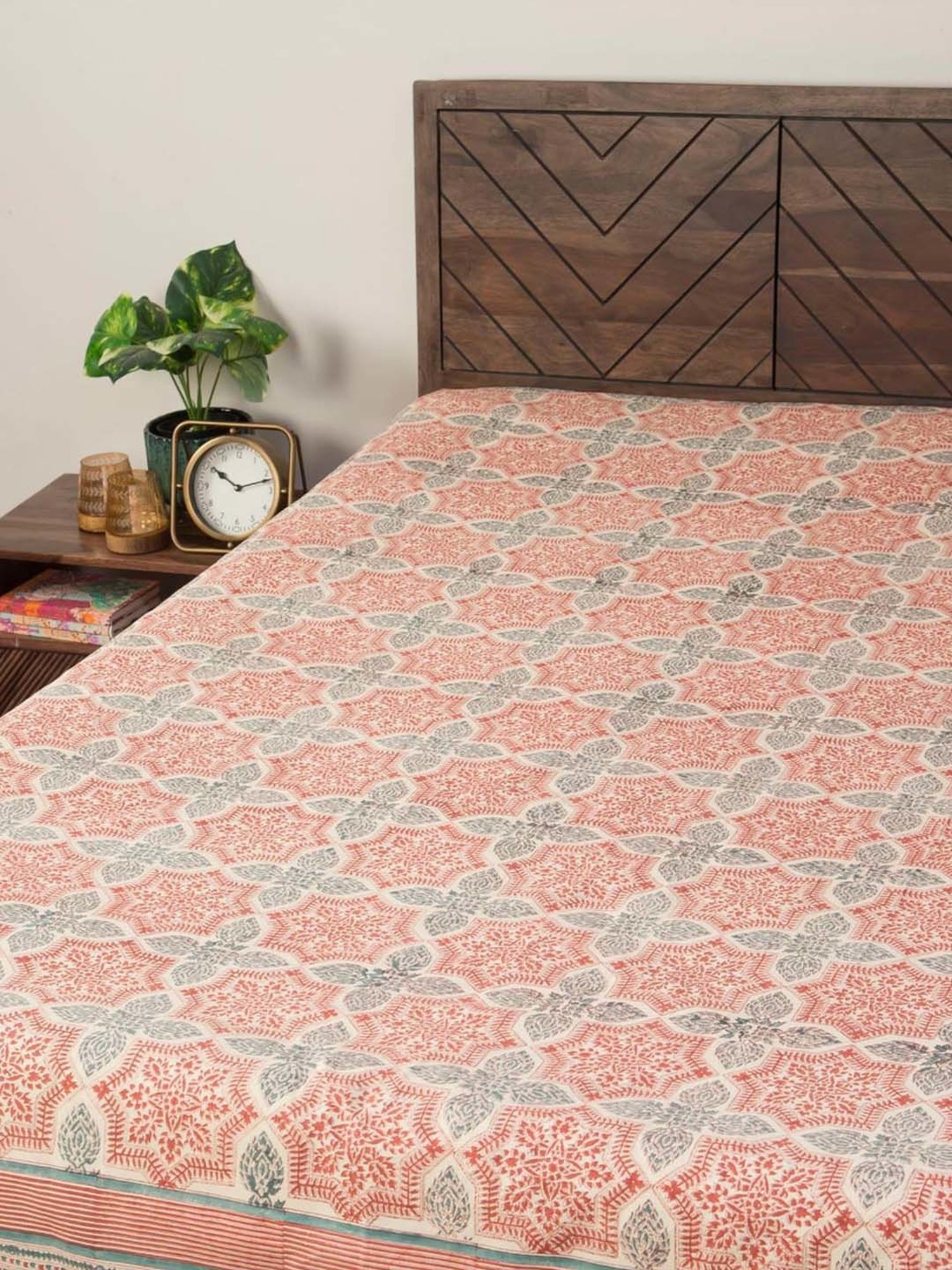 Fabindia Home Standalone Red & Grey Cotton 118 TC 163 GSM Hand Block Printed Double Bed Cover