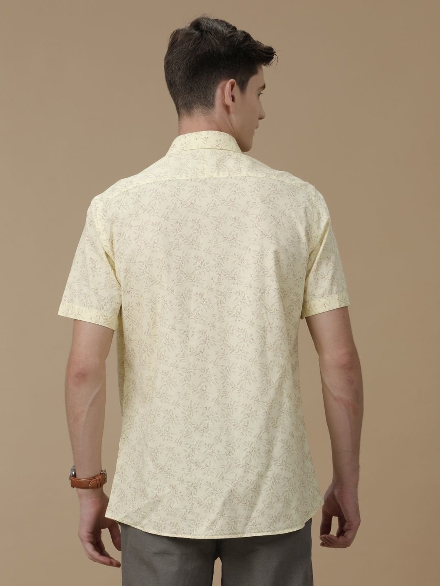 Cavallo By Linen Club Yellow Linen Contemporary Fit Printed Shirt