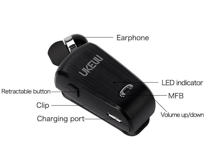 Retractable Wireless Bluetooth Earbud Headset with Built-in Microphone - White