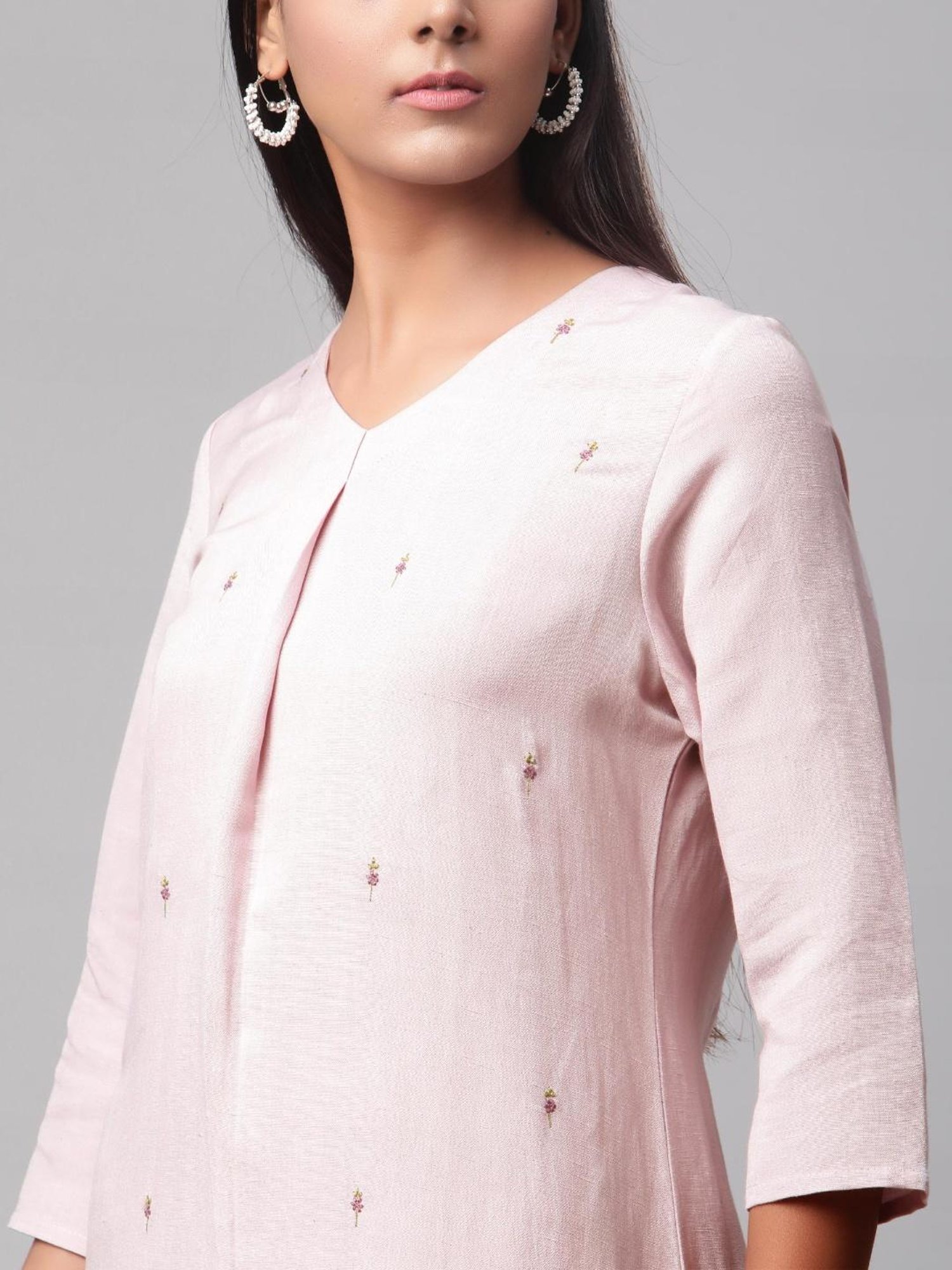 Linen Club Women Light Pink Embroidered Kurta