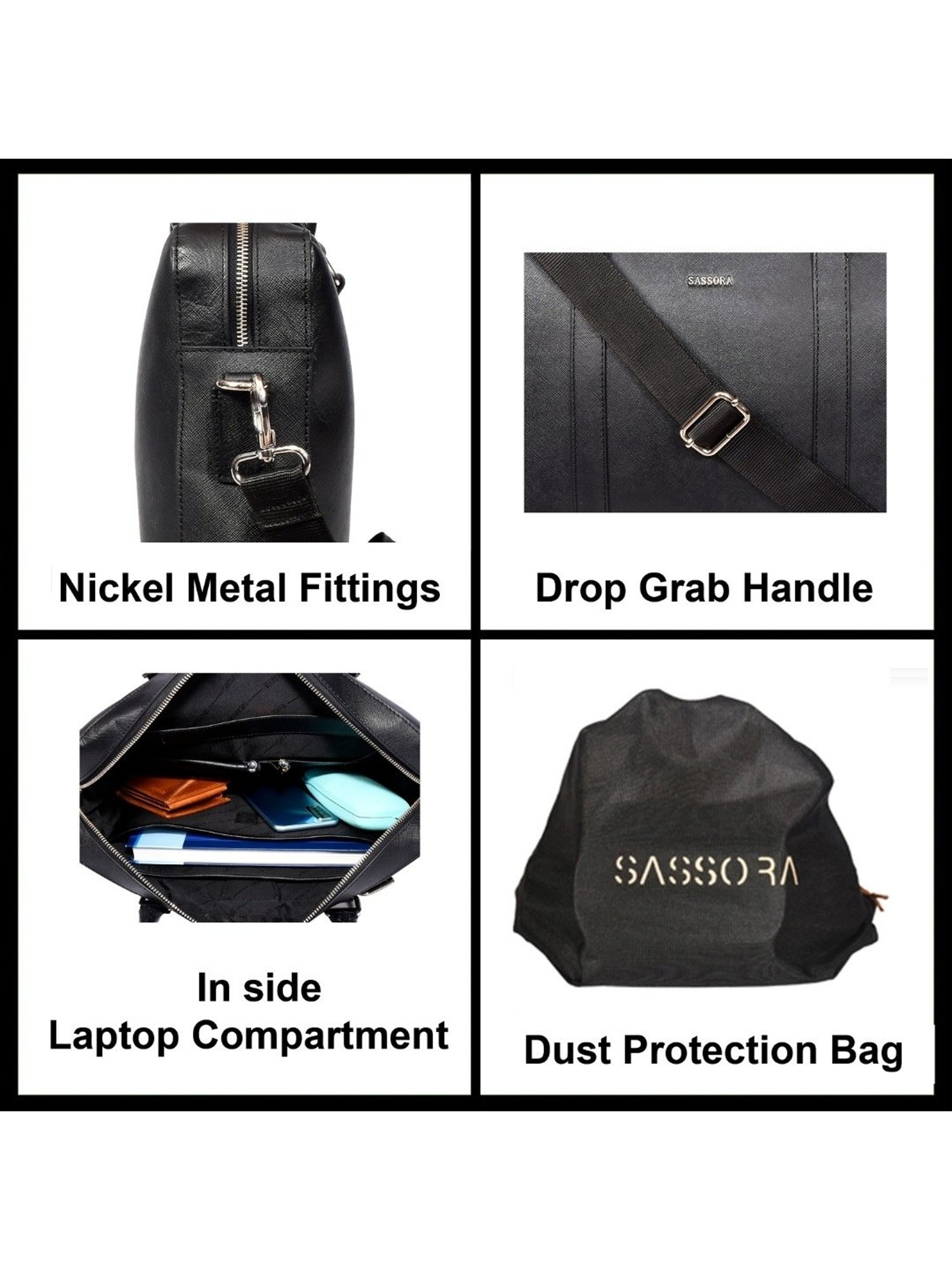 SASSORA JUNI Black Leather Large Messenger Bag