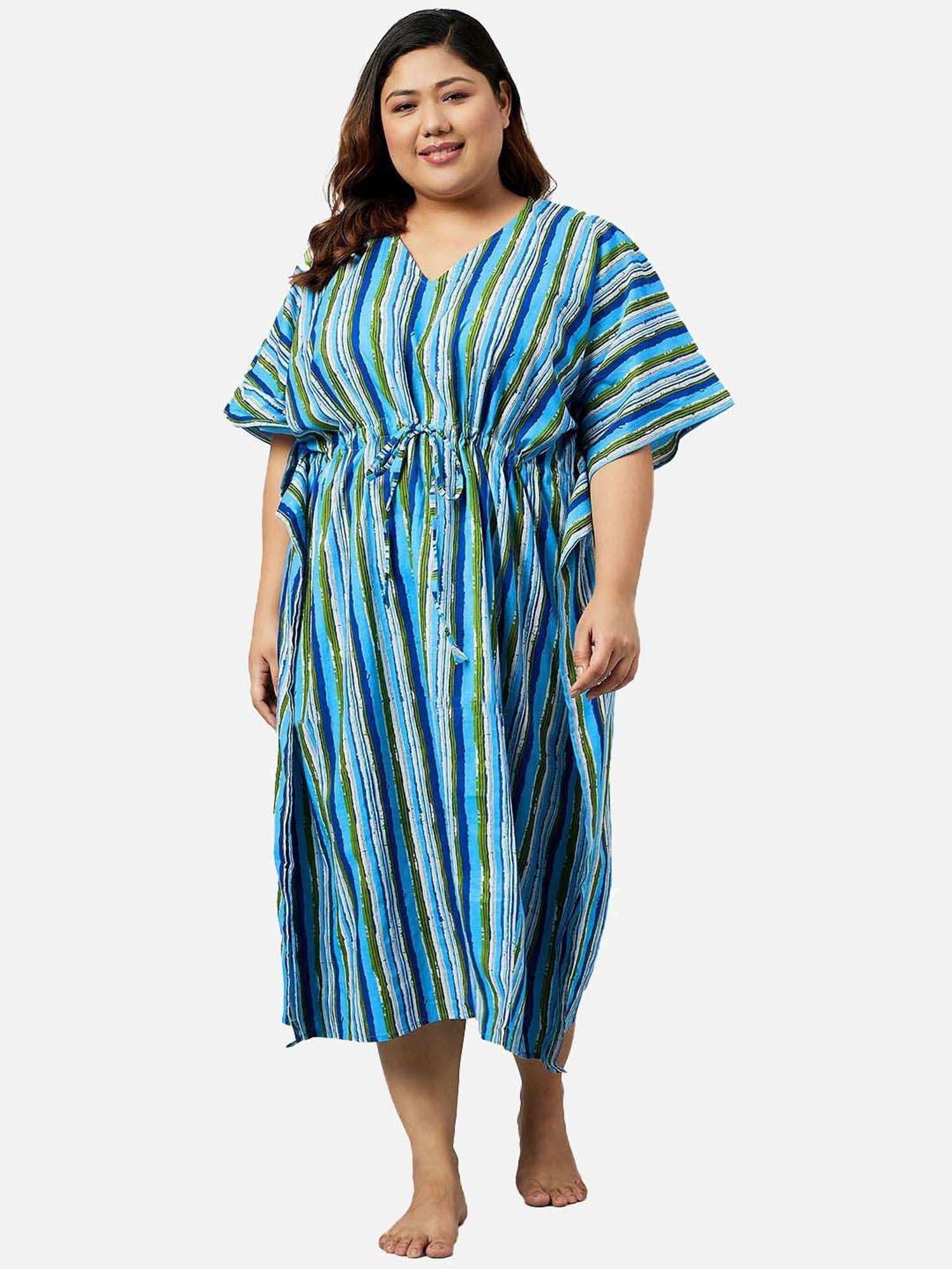 Secrets By ZeroKaata Peacock Blue Cotton Printed Kaftan