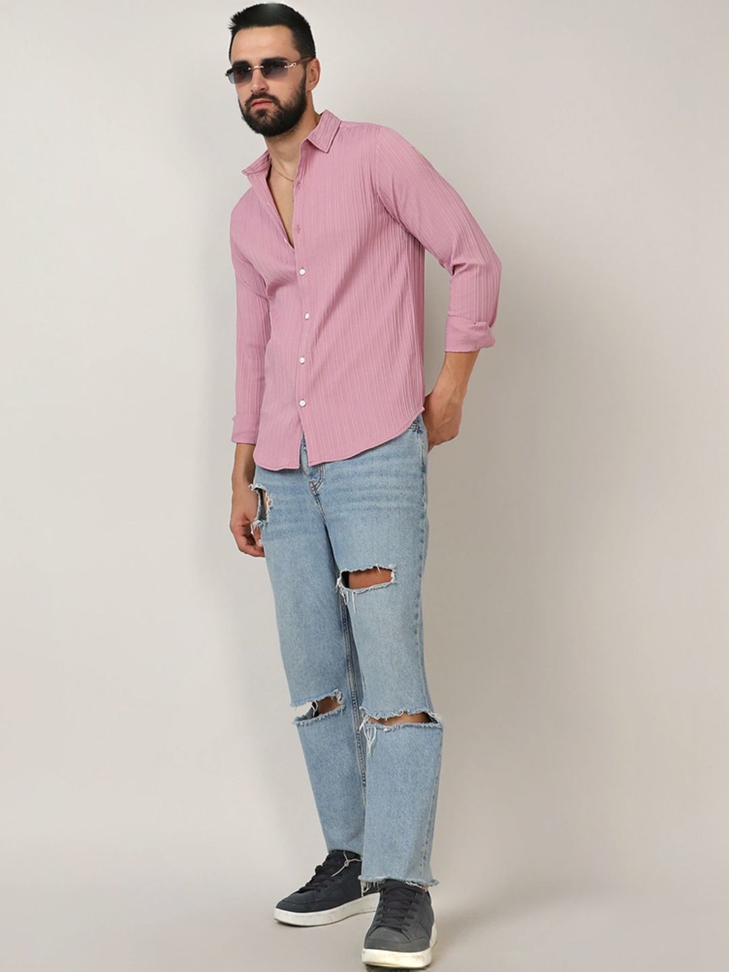Campus Sutra Pink Regular Fit Striped Shirt