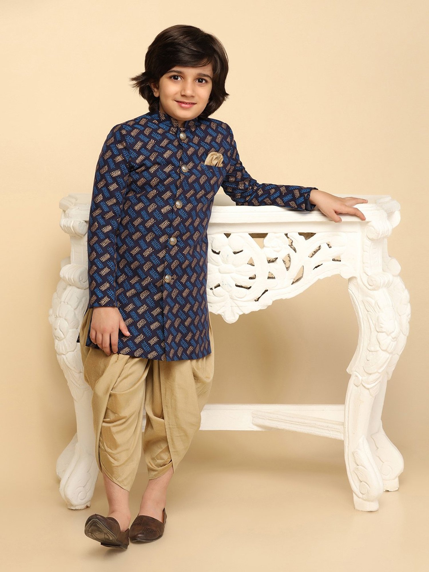 KISAH Boys Blue Printed Full Sleeves Sherwani