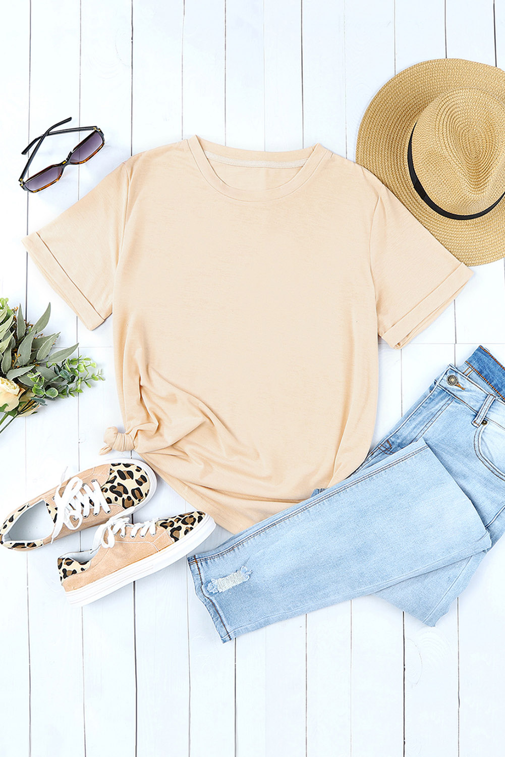 Blank T Shirt - Khaki Solid Color Crew Neck Tee Customized