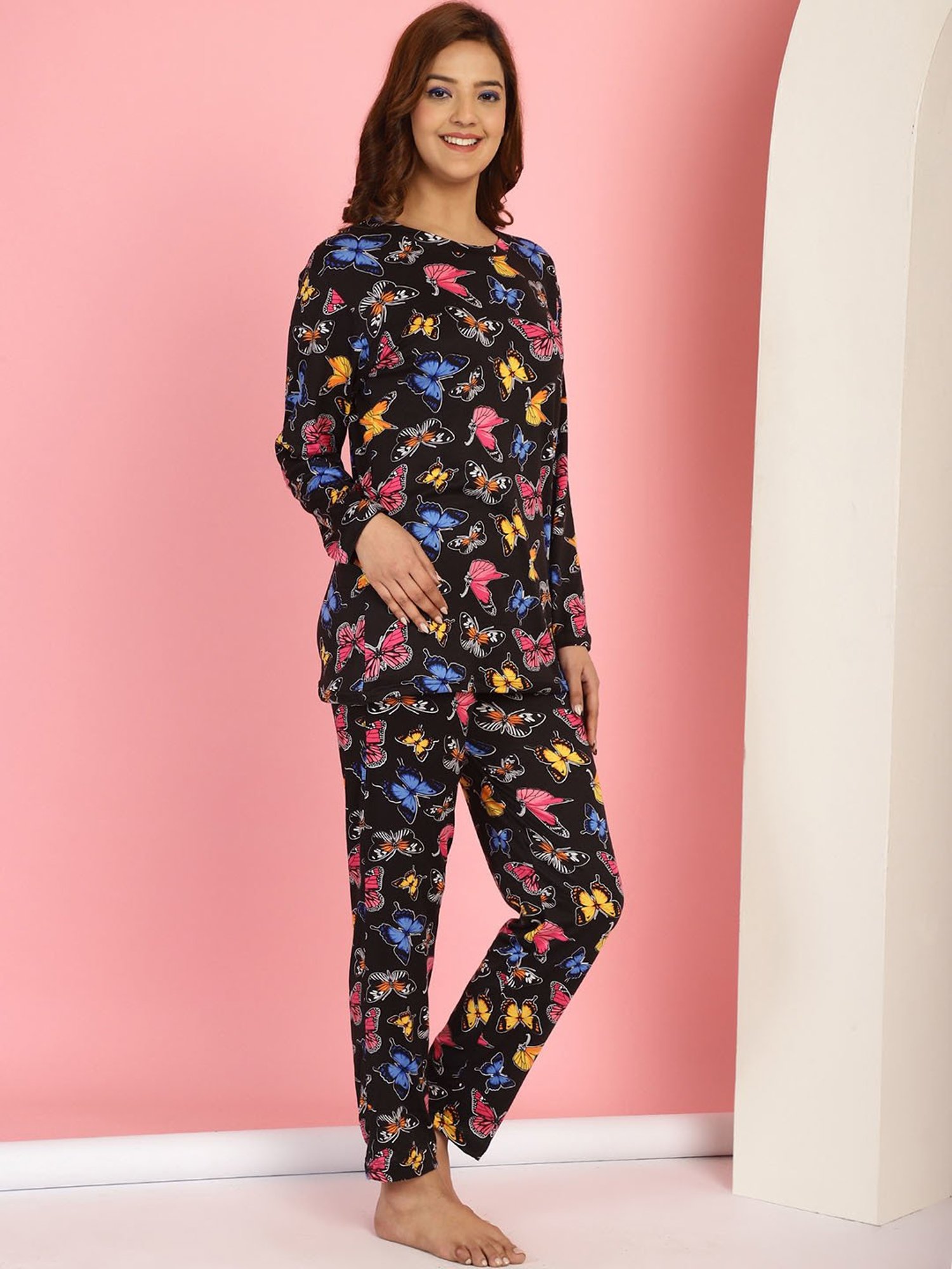 Gracit Black Cotton Printed Top With Pyjamas