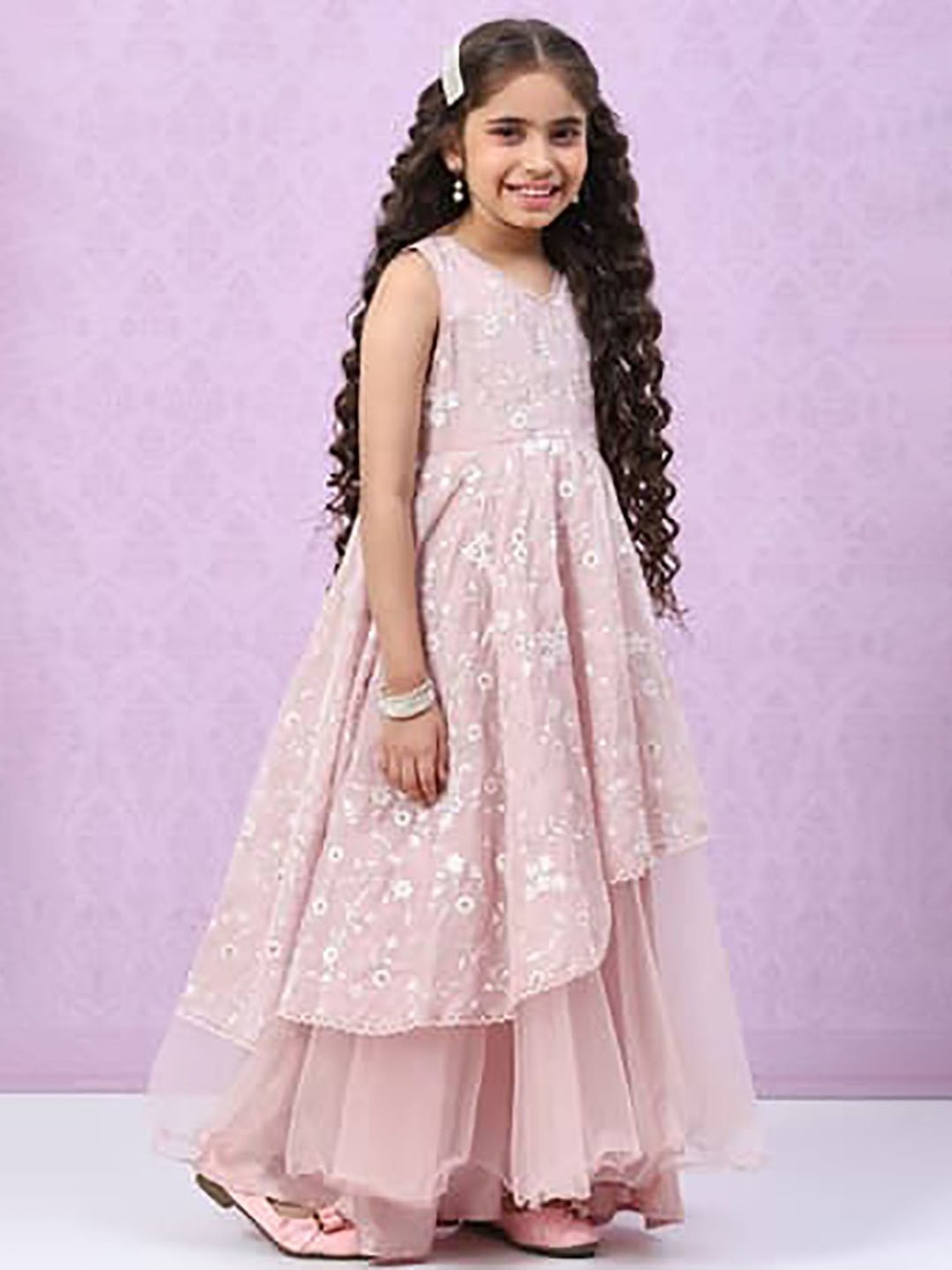 BIBA Girls Light Pink Embroidered Gown