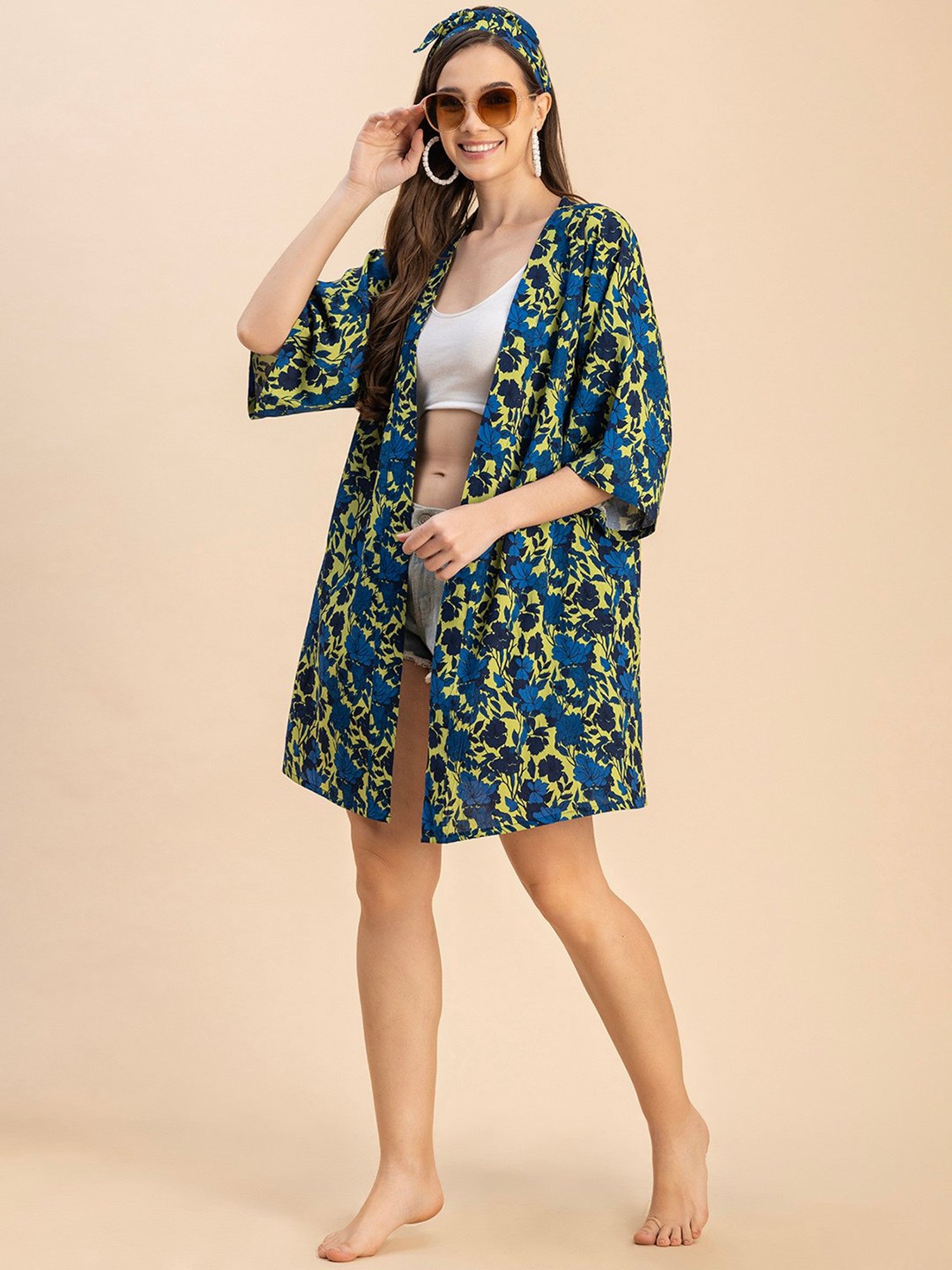 Moomaya Blue & Green Floral Print Shrug