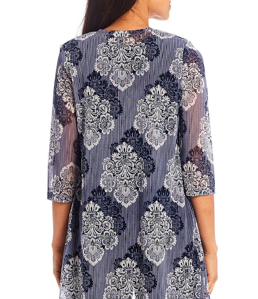 R & M Richards Printed Flyaway Duster Mesh Jewel Neck 3/4 Sleeve Knit 3-Piece Pantsuit