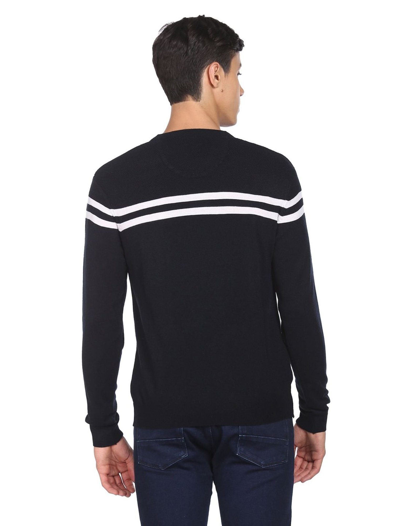 Arrow Sport Navy Blue Regular Fit Striped Sweater