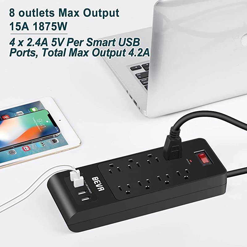 Protector Power Strip with USB Ports, 4 USB 8 Outlets Mountable Power Strip with 6 FT Long Extension Cord, 1875W/ 15A, 300 Joules, for Smartphone Tablets Home,Office & Hotel- Black