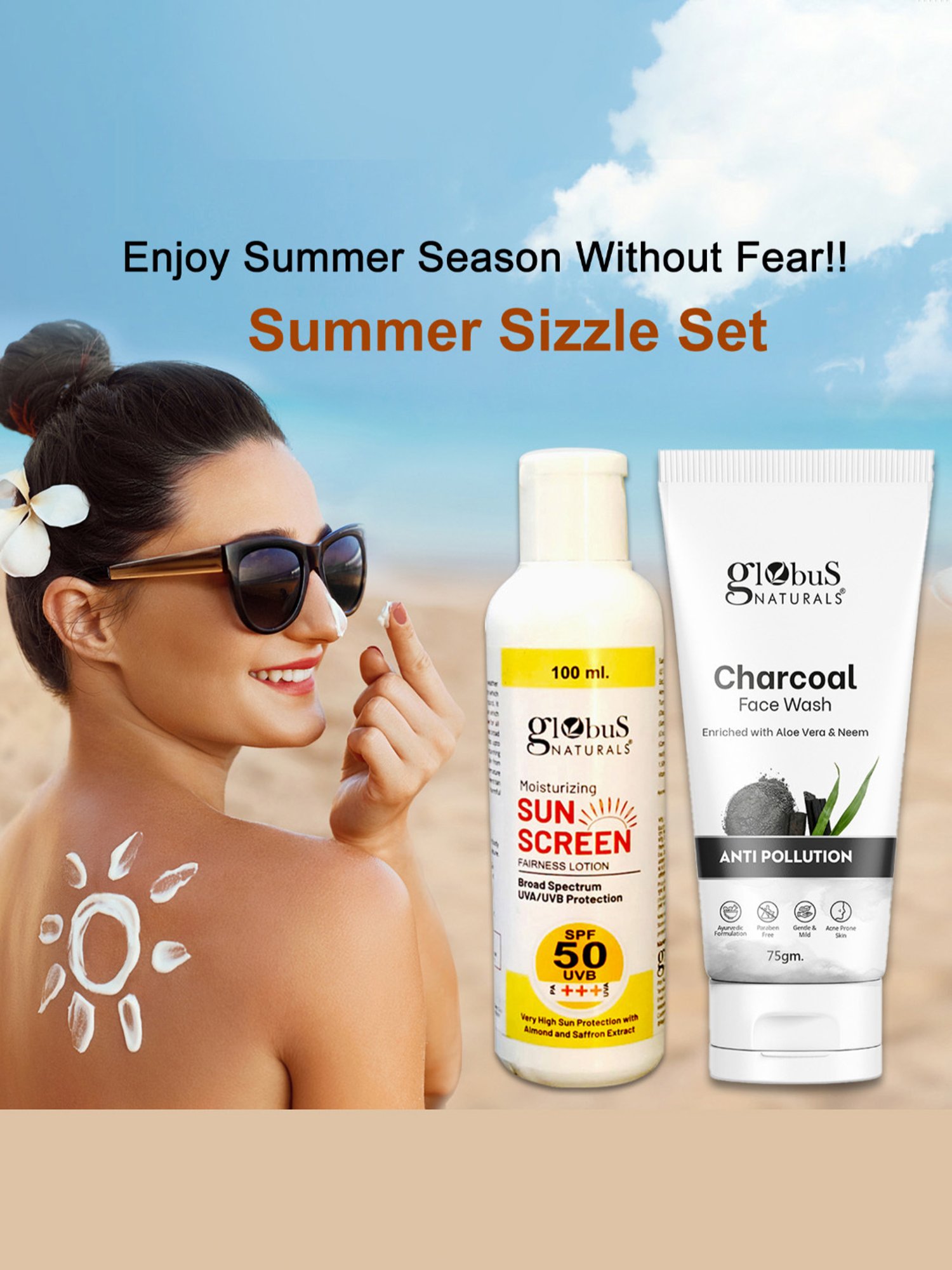 Globus Naturals Moisturizing Sunscreen SPF 50+++ & Charcoal Face Wash Combo