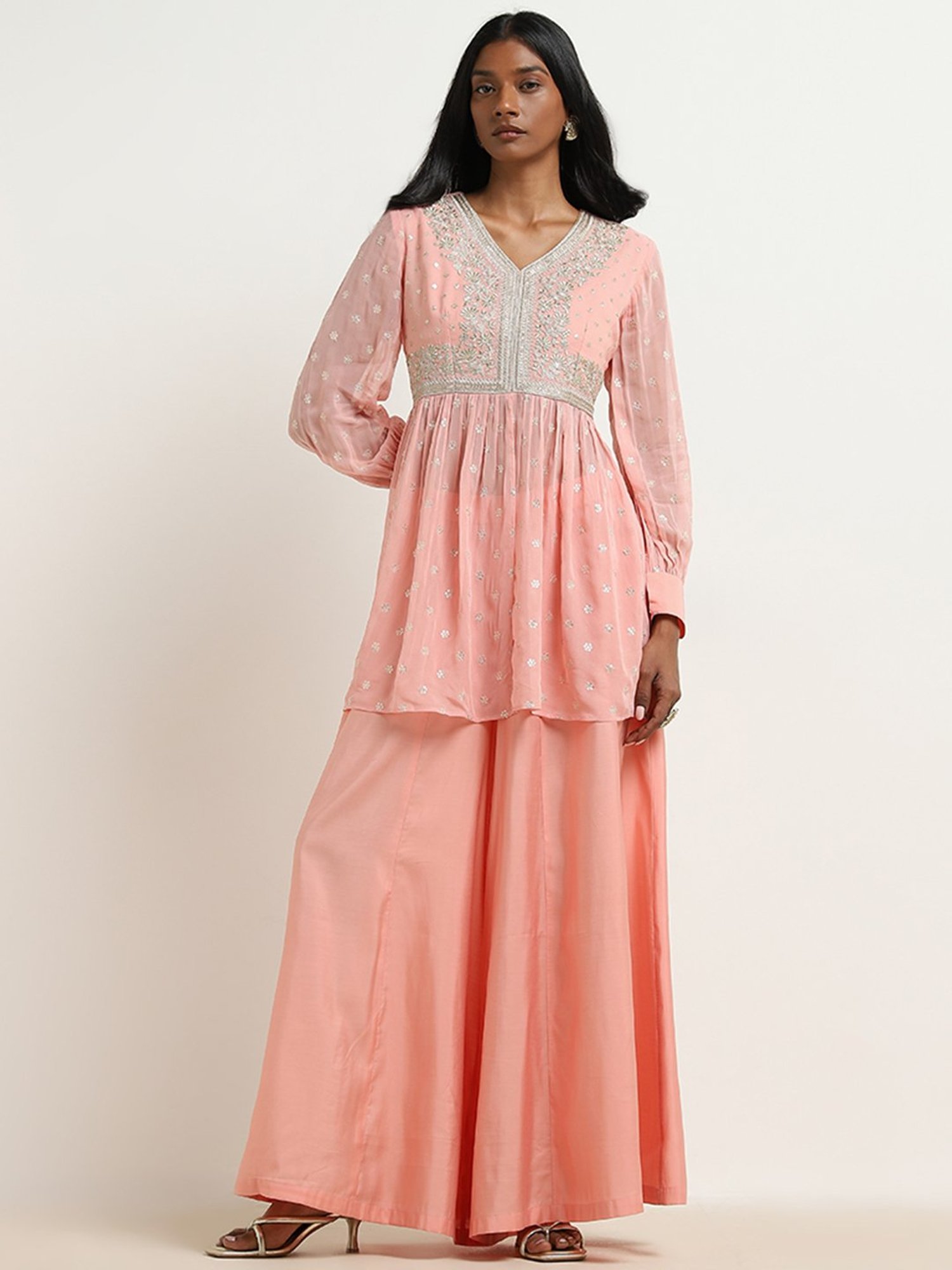 Vark by Westside Pink Floral Embroidered Ethnic Top with Palazzos Set