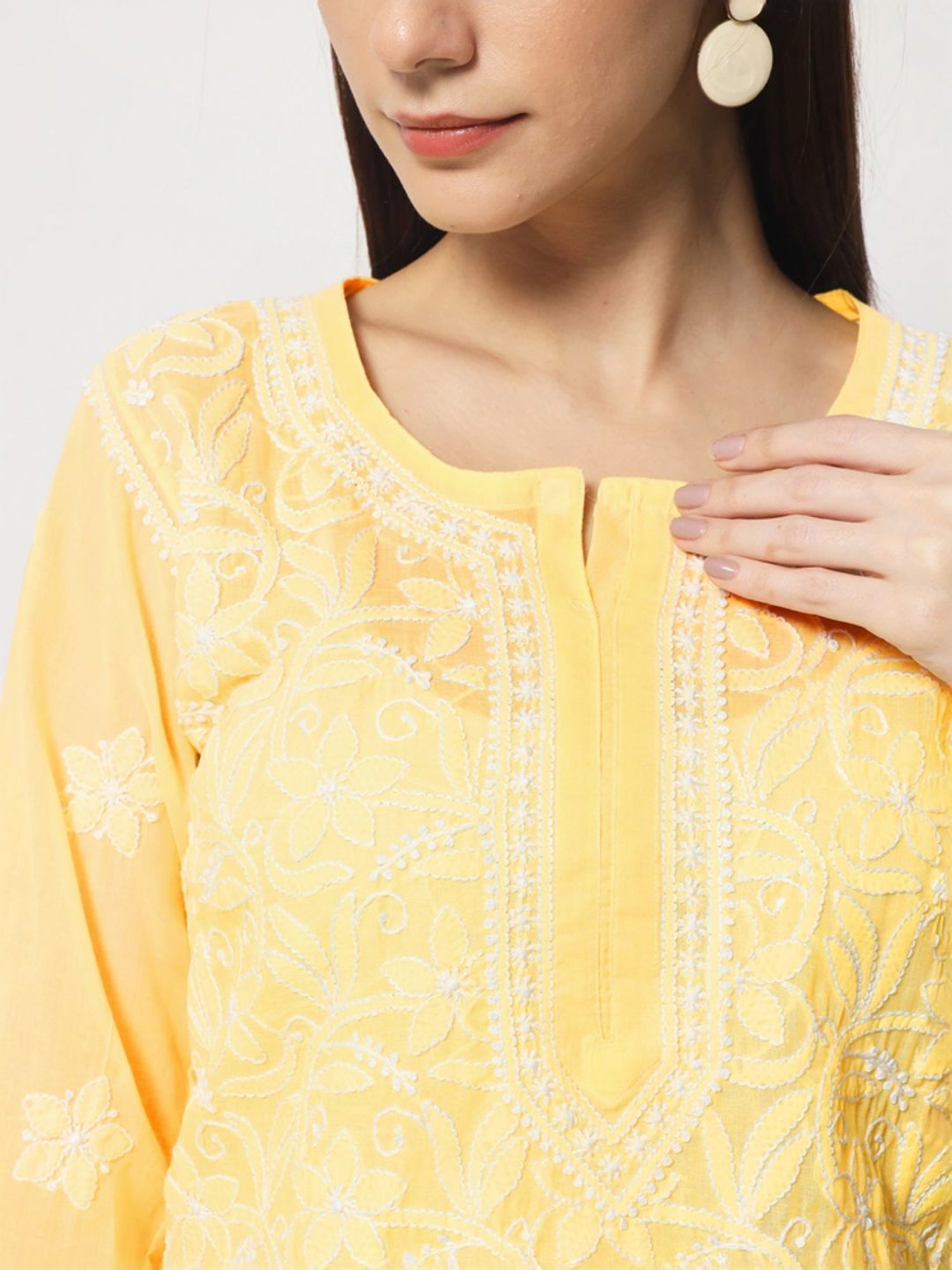 PARAMOUNT CHIKAN Pale Yellow Cotton Hand Embroidered Chikankari Straight Kurti