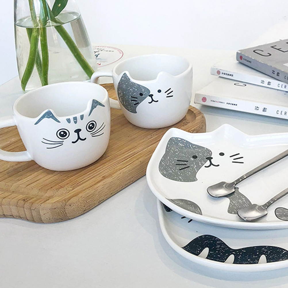 1 Set Ceramic Mug Cup Adorable Cat Design Water Cup Saucer for Home Office