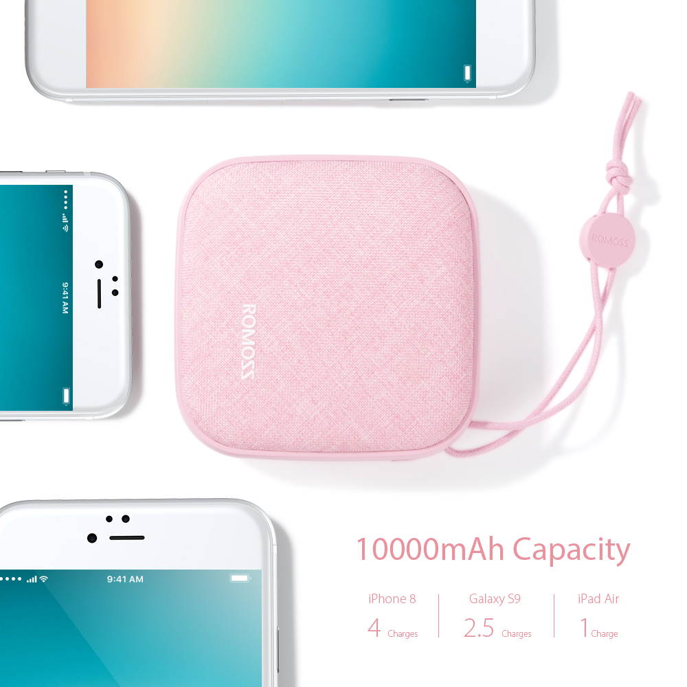 ROMOSS Style Power Bank 10,000mAh, Candybox 2.1A Dual USB Fabric Portable Charger with Hanging Ring Compatible for iPhone X, Samsung Galaxy S9 and More (Candy Pink)