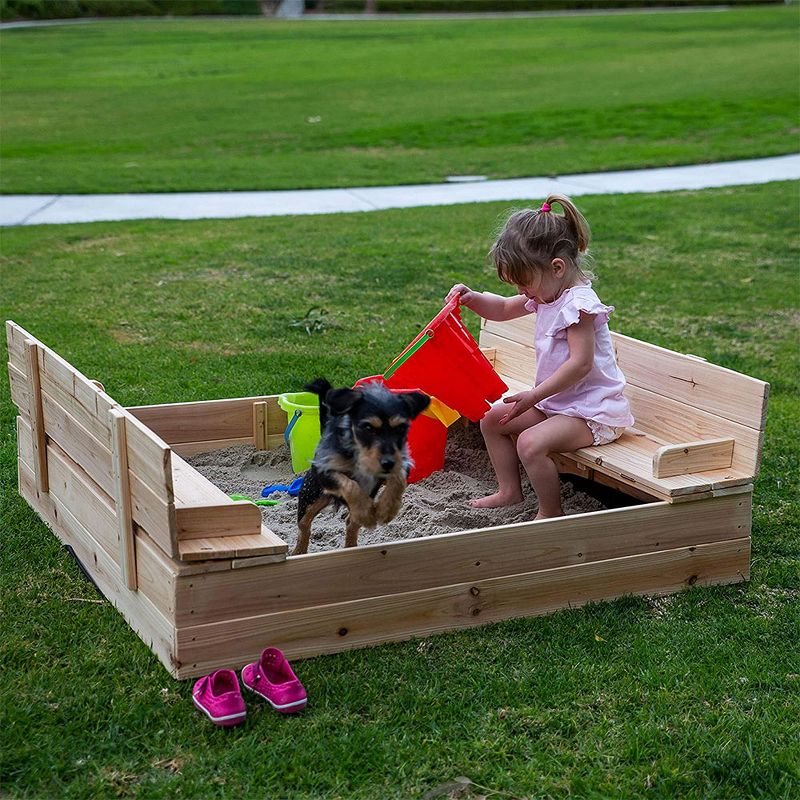 Be Mindful 50 x 48-Inch Solid Wood Natural Finish Untreated Extra Large Outdoor Kids Sandbox with Lid Cover and Folding Bench Seat
