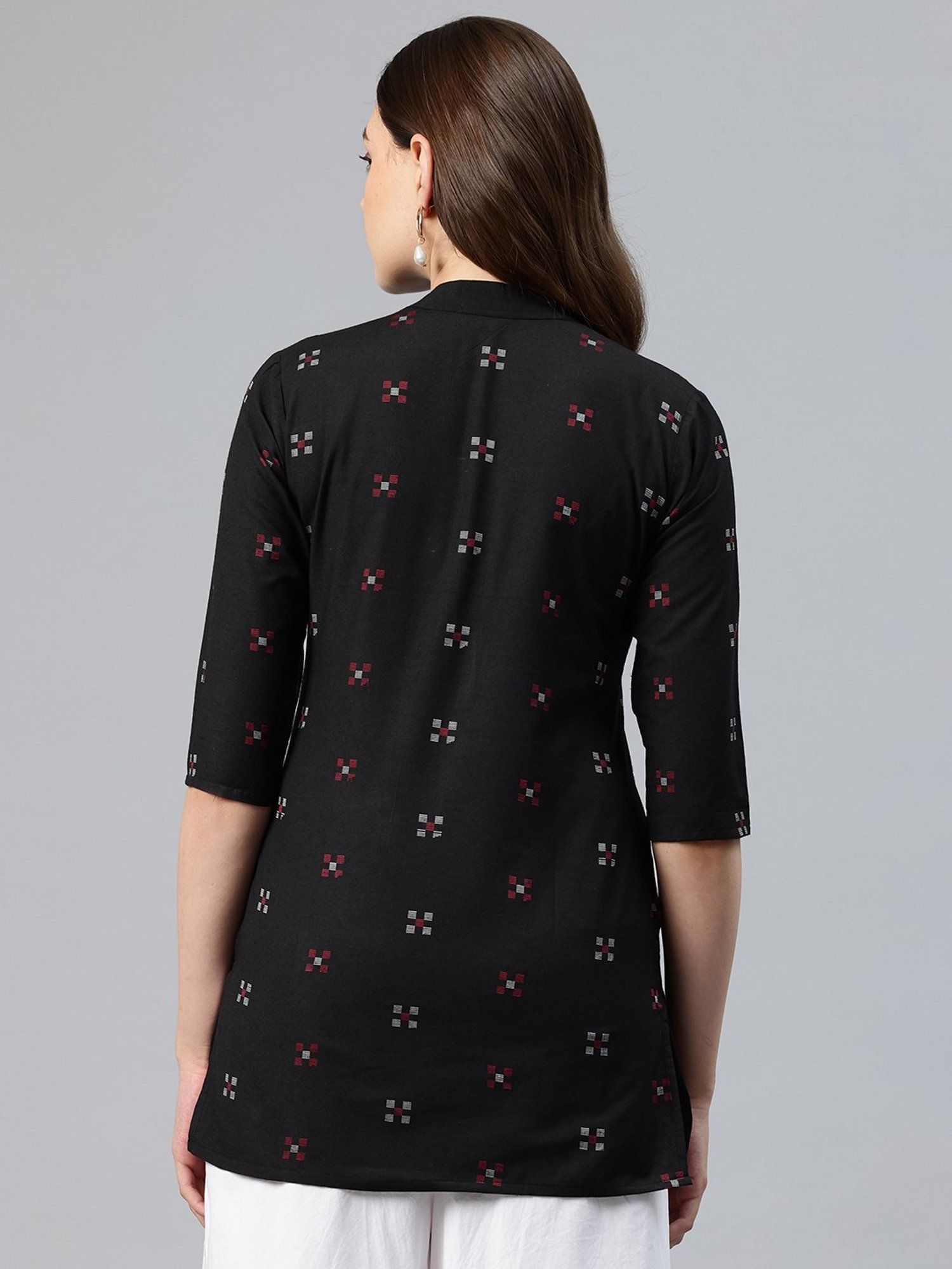 One Femme Black Cotton Embroidered A Line Kurti