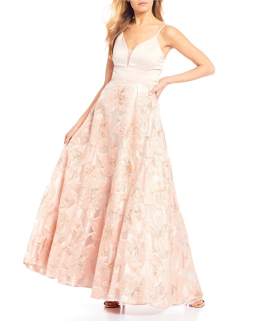 Sequin Hearts Spaghetti Strap Lace-Up Back Burn-Out Organza Skirt Ball Gown