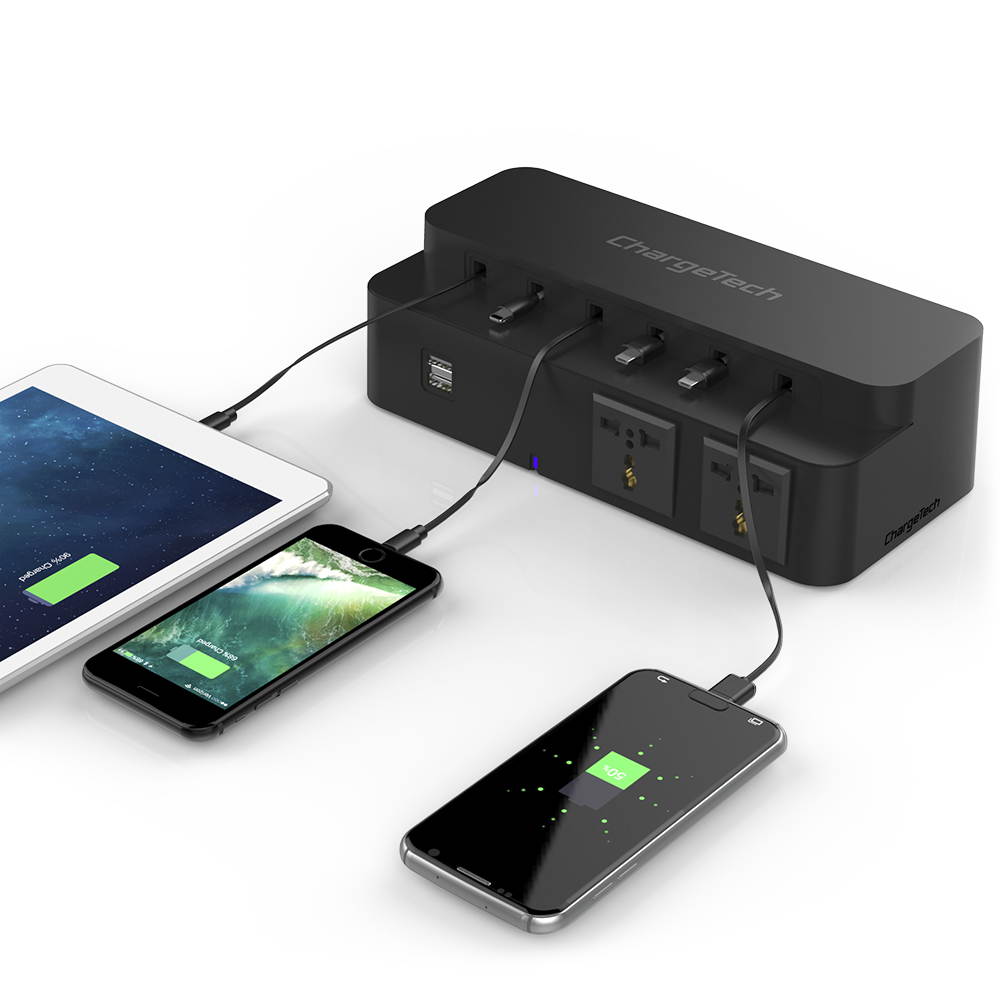 ChargeTech Power Strip Charging Station for Desktop, (6) Retractable Cables, (2) USB Ports, (2) AC Outlets (CS8)