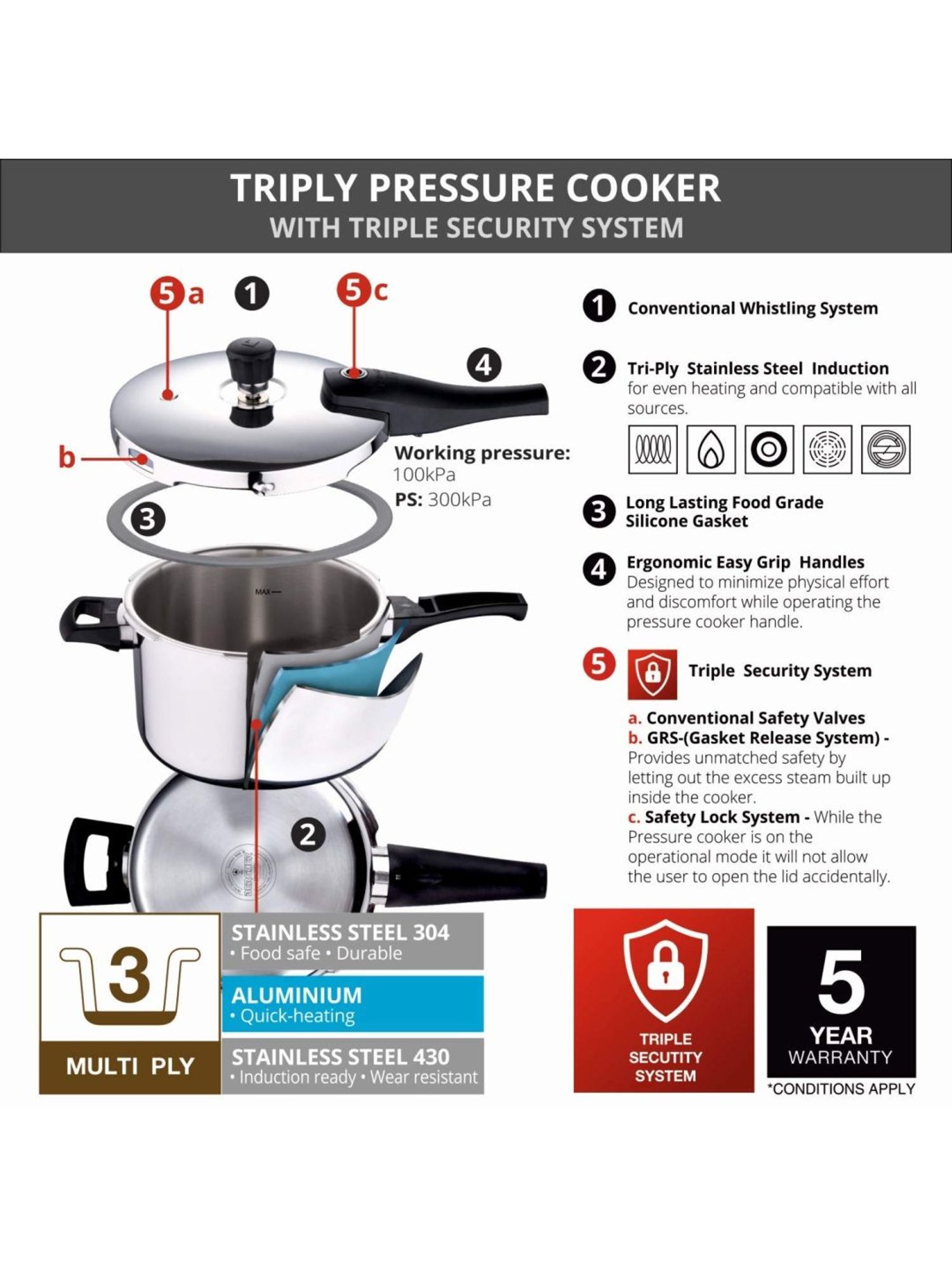 Bergner Argent Elements Silver Triply Stainless Steel Pressure Cooker (5500 ml) - Set of 1