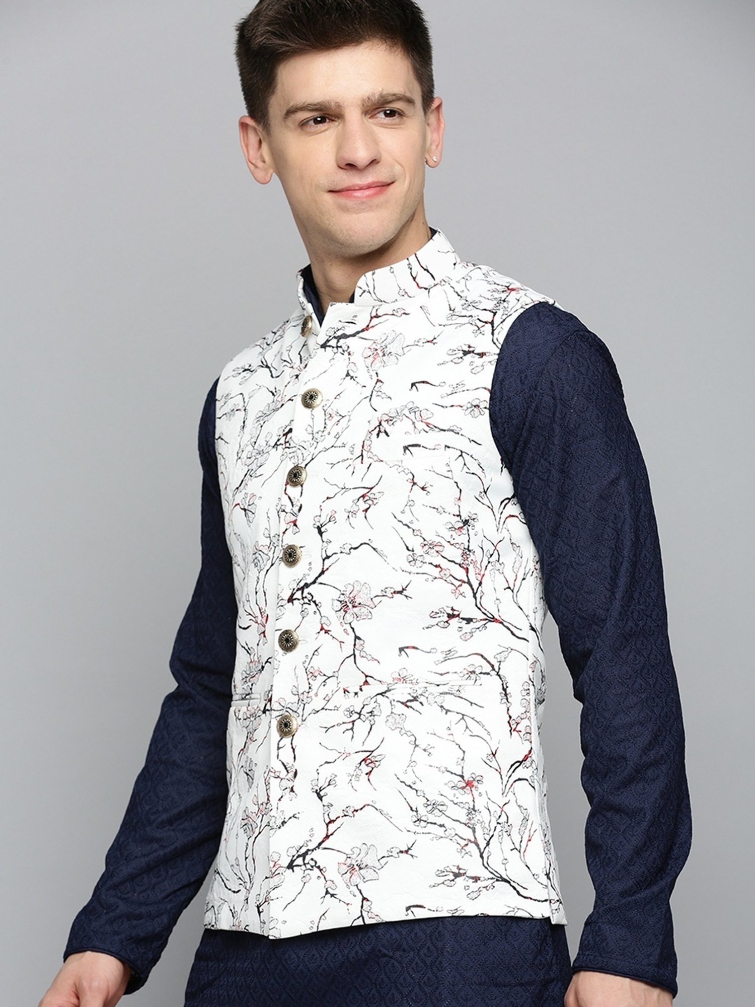 Showoff White Regular Fit Printed Nehru Jacket