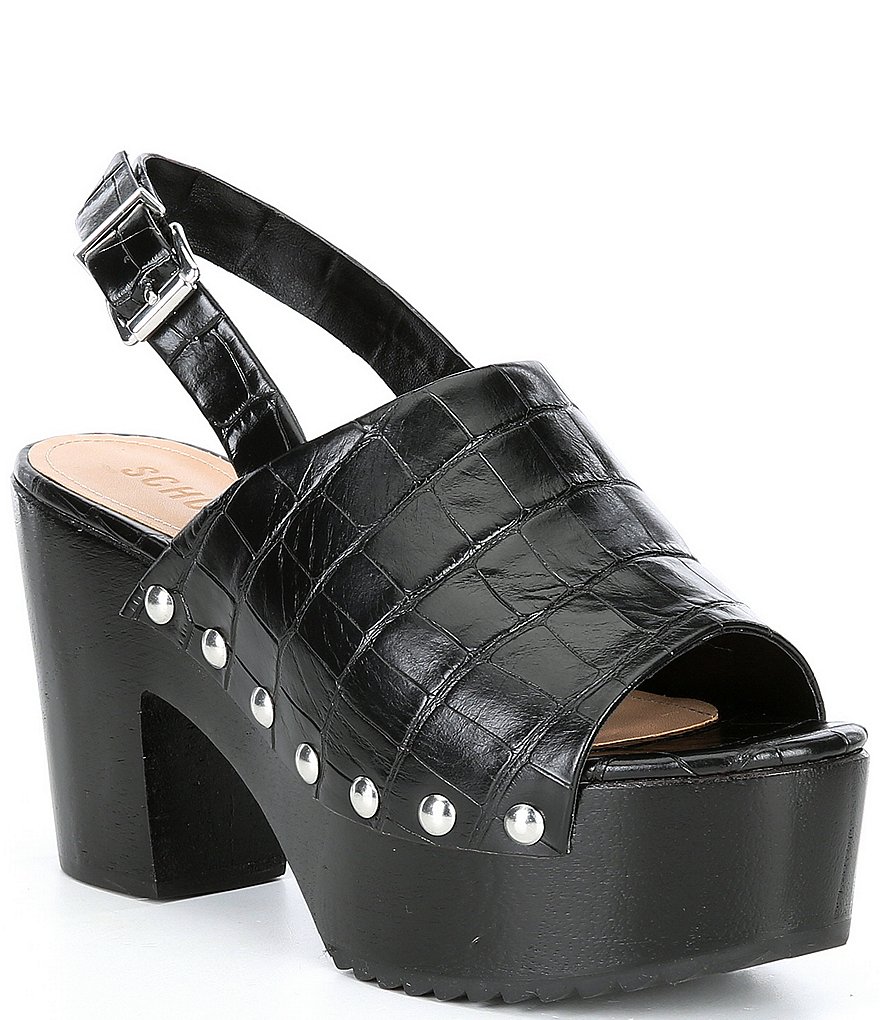 Schutz Yeda Croco Print Studded Leather Platform Block Heel Slingback Clog Sandals