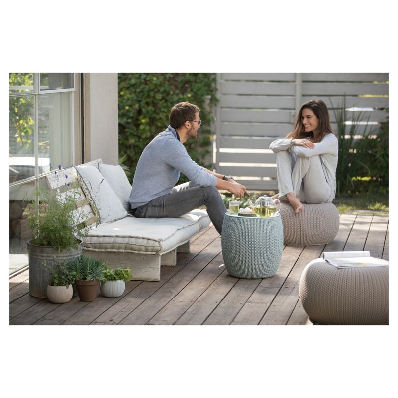 Urban Cozy Knit Outdoor Poufs and Table Balcony 3 Pc Set - Taupe/Blue - Keter