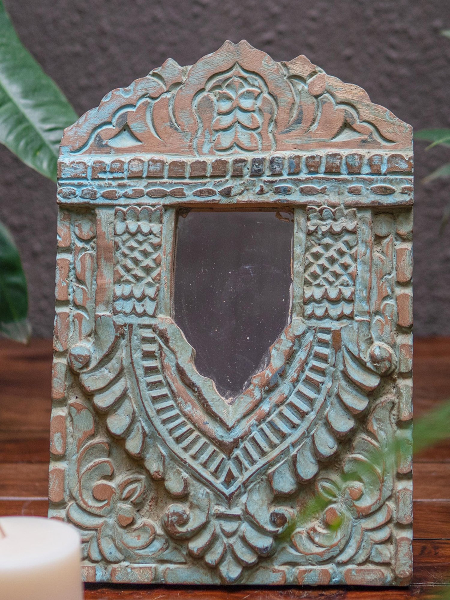 Ambi Wooden Jharoka With Mirror In Cyan Colour