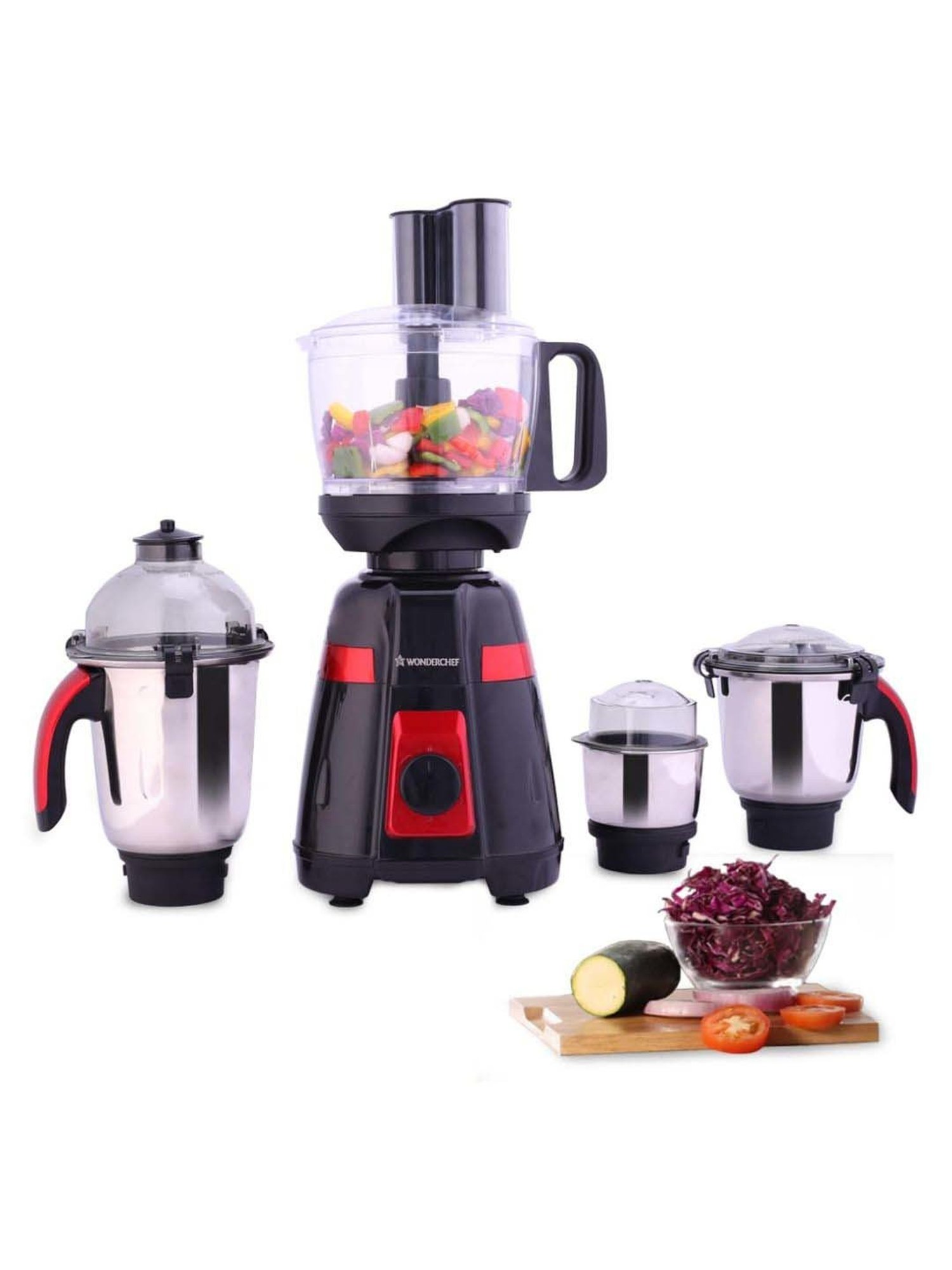 Wonderchef Platinum 750W Mixer Grinder with Food Processor & 4 Stainless Steel Jars (Black & Red)