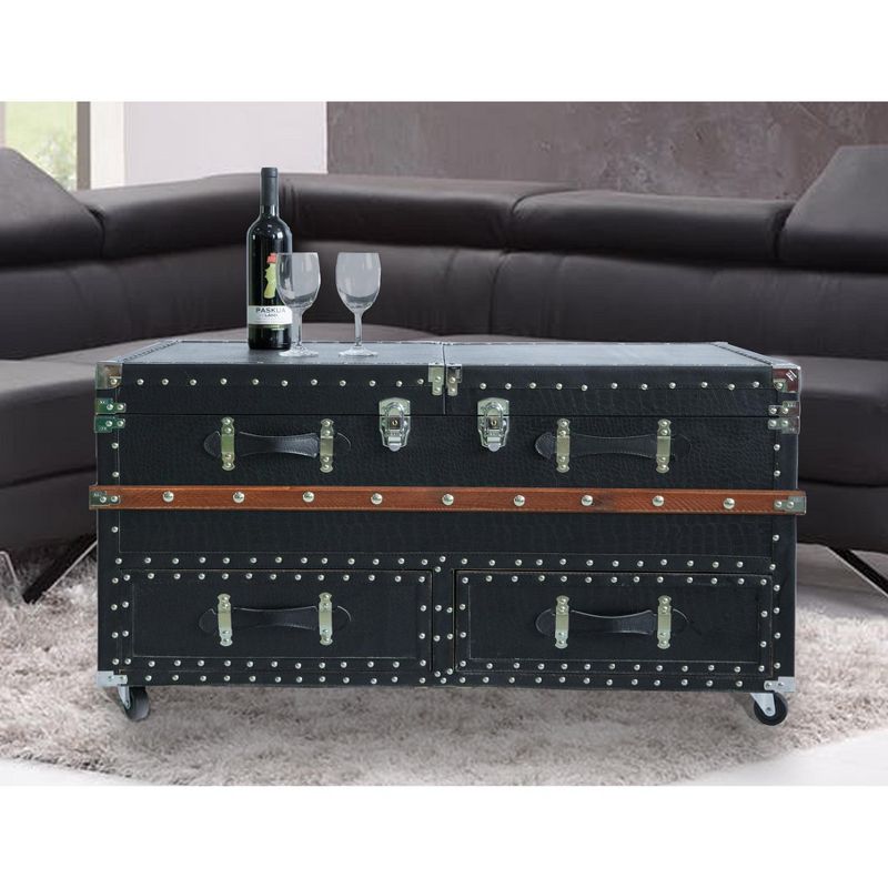 Vintiquewise Black Crocodile Leather Coffee End Table and Wine Bar Trunk with Sliding Top and Drawers